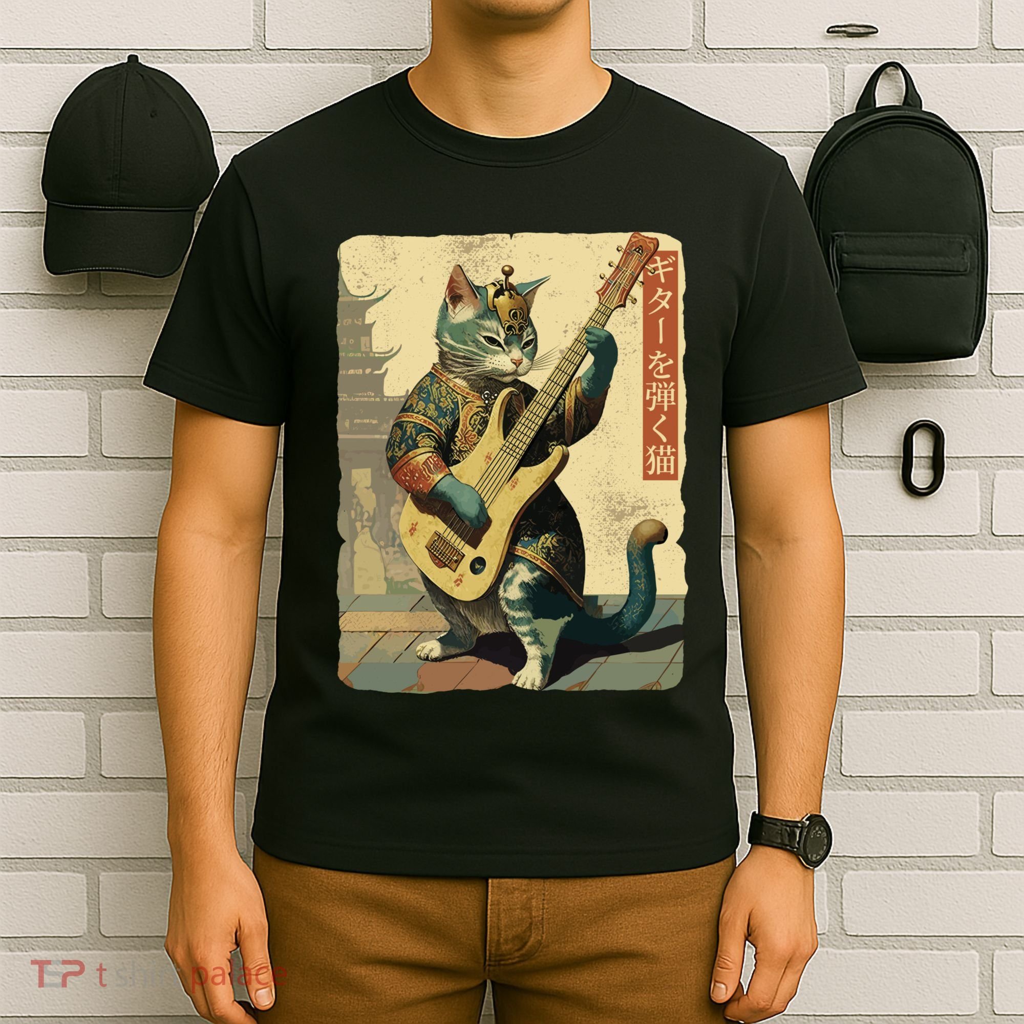 Japanese Cat Princess Playing The Electric Guitar Japanese Samurai Guitar Player T-Shirt