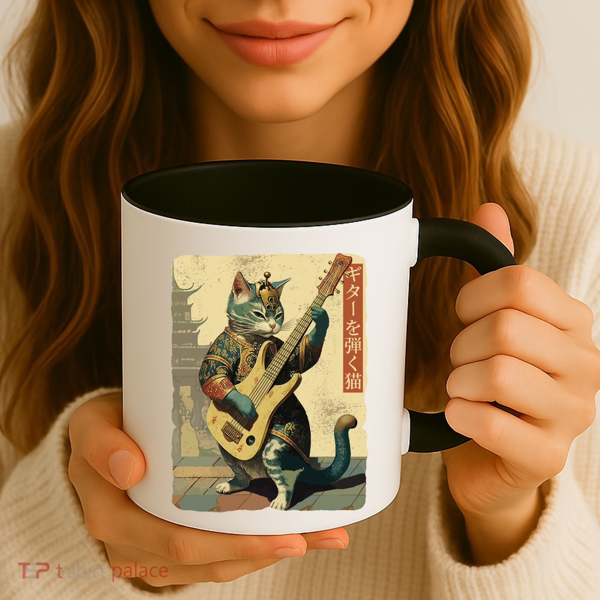 Japanese Cat Princess Playing The Electric Guitar Japanese Samurai Guitar Player Coffee Mug