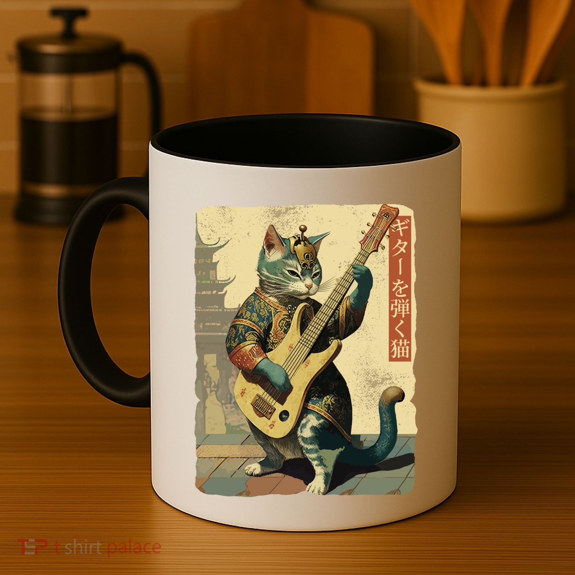 Japanese Cat Princess Playing The Electric Guitar Japanese Samurai Guitar Player Coffee Mug