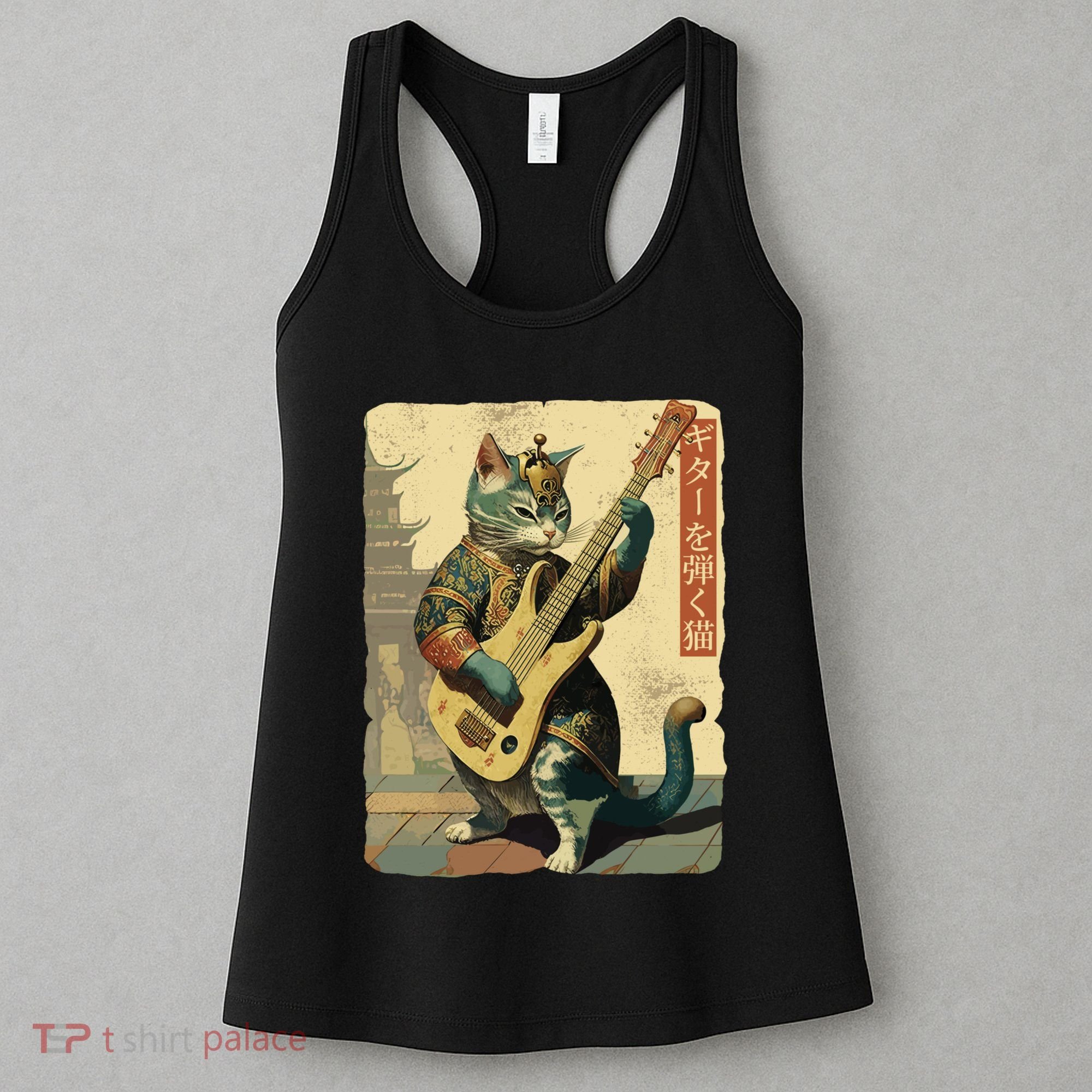 Japanese Cat Princess Playing The Electric Guitar Japanese Samurai Guitar Player Women's Tank Top