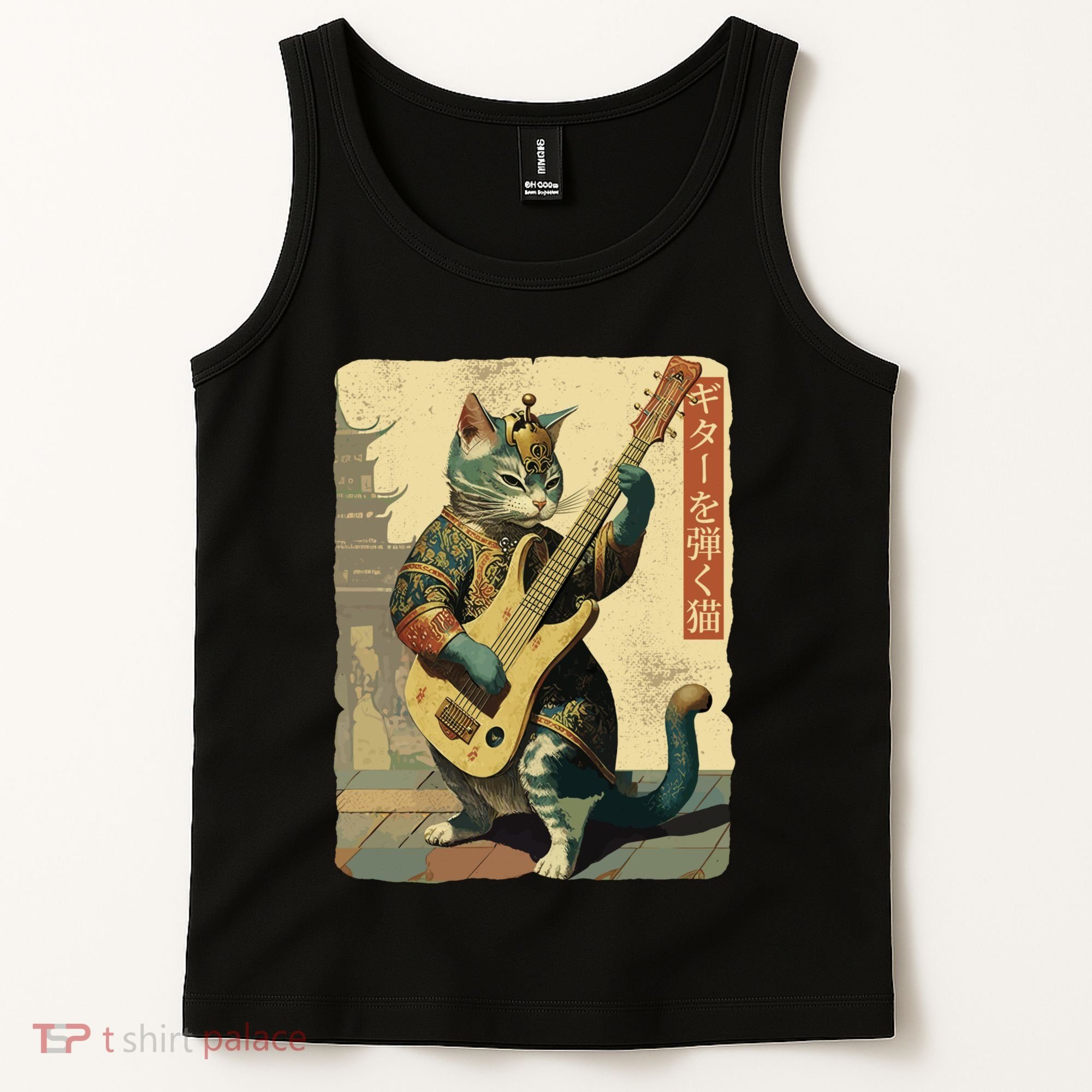 Japanese Cat Princess Playing The Electric Guitar Japanese Samurai Guitar Player Tank Top
