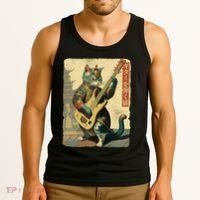 Japanese Cat Princess Playing The Electric Guitar Japanese Samurai Guitar Player Tank Top thumb 3