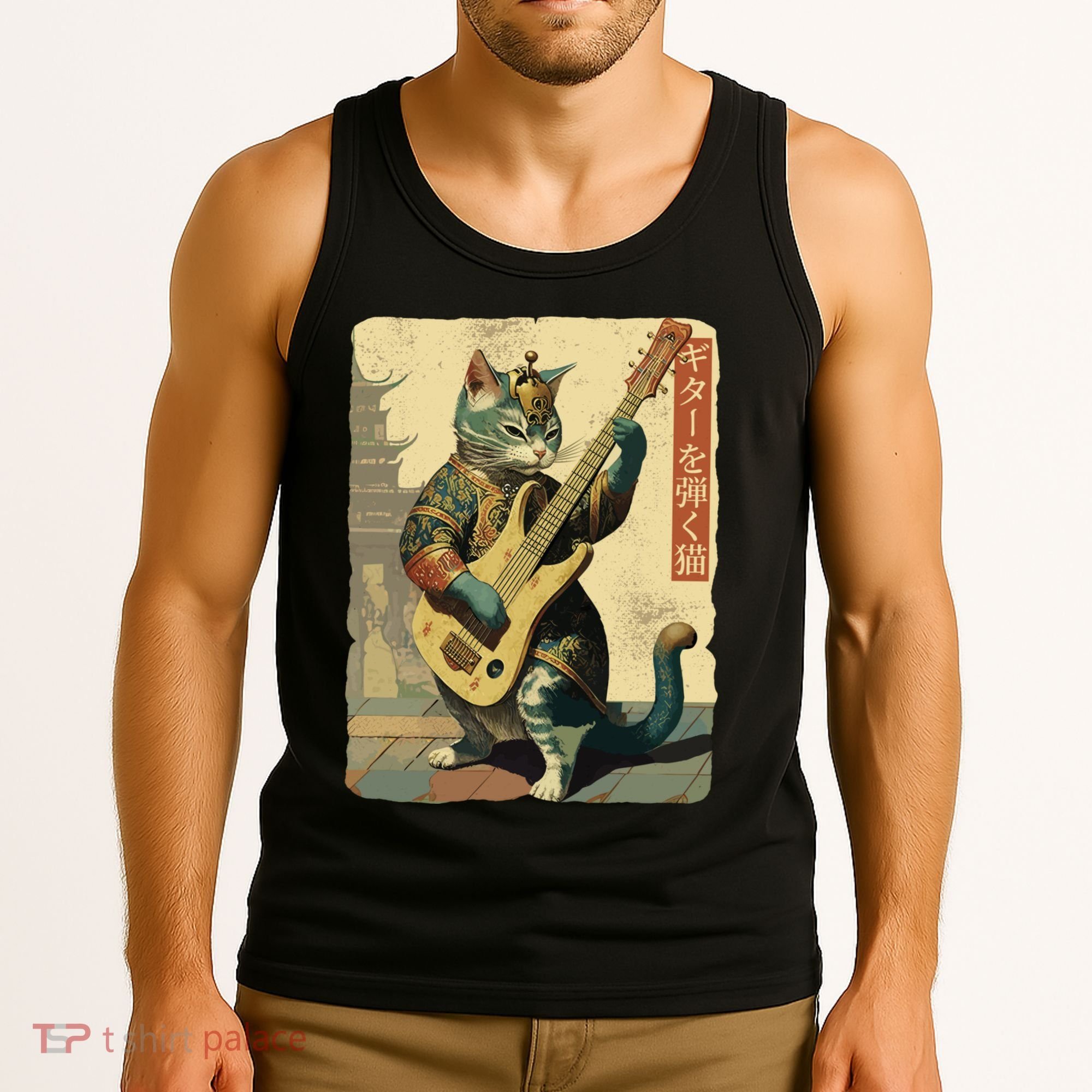 Japanese Cat Princess Playing The Electric Guitar Japanese Samurai Guitar Player Tank Top