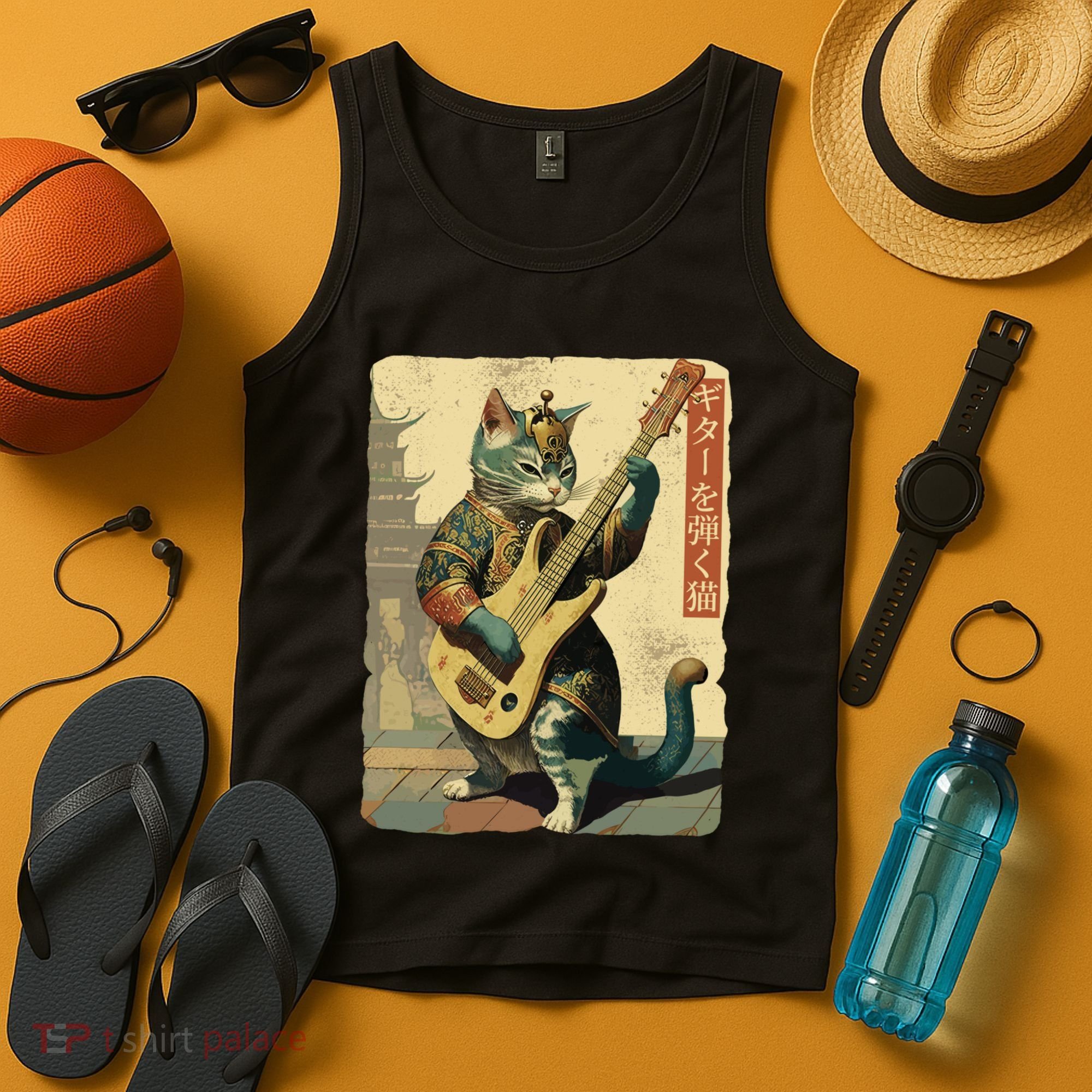 Japanese Cat Princess Playing The Electric Guitar Japanese Samurai Guitar Player Tank Top