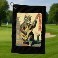 Japanese Cat Princess Playing The Electric Guitar Japanese Samurai Guitar Player Golf Towel thumb 1