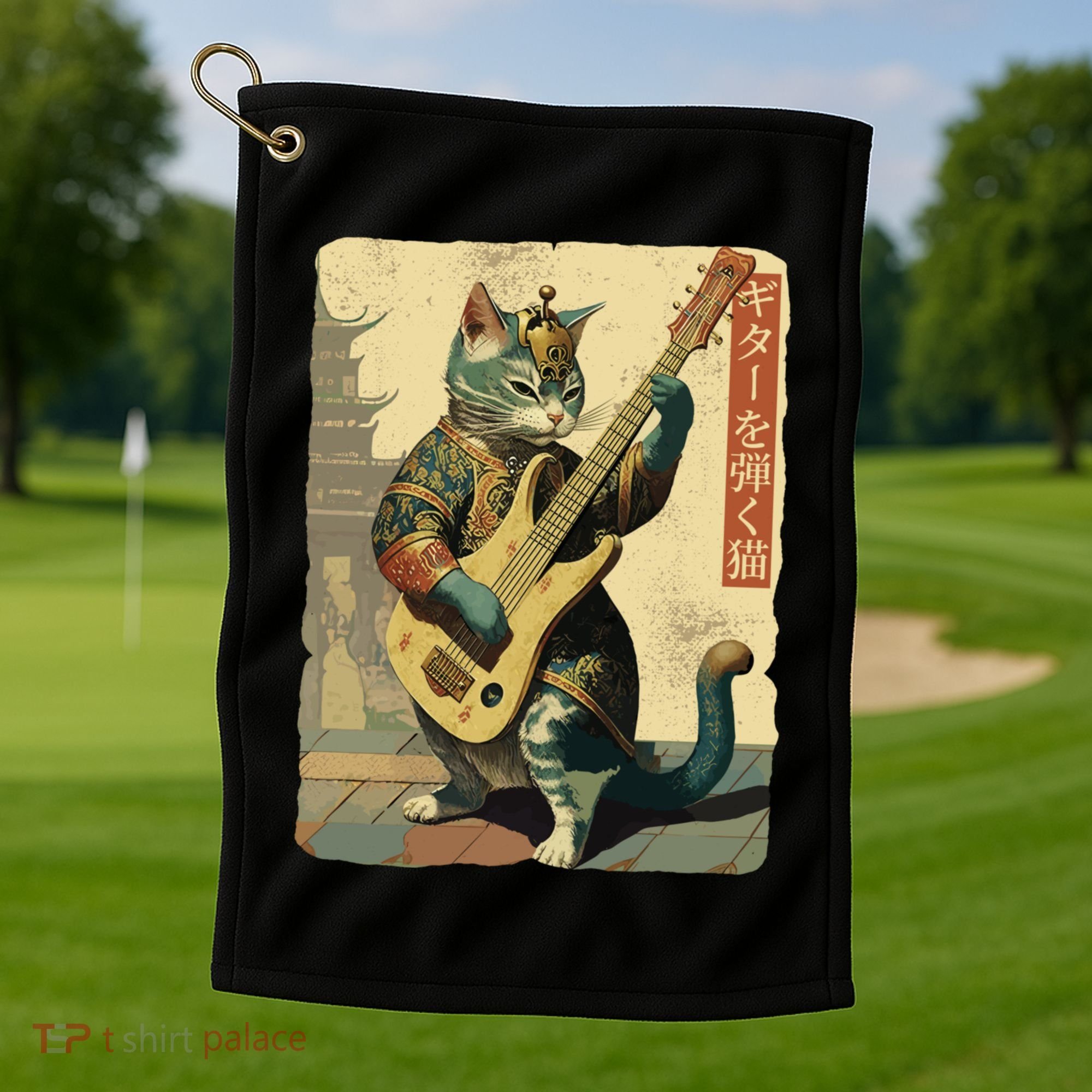 Japanese Cat Princess Playing The Electric Guitar Japanese Samurai Guitar Player Golf Towel