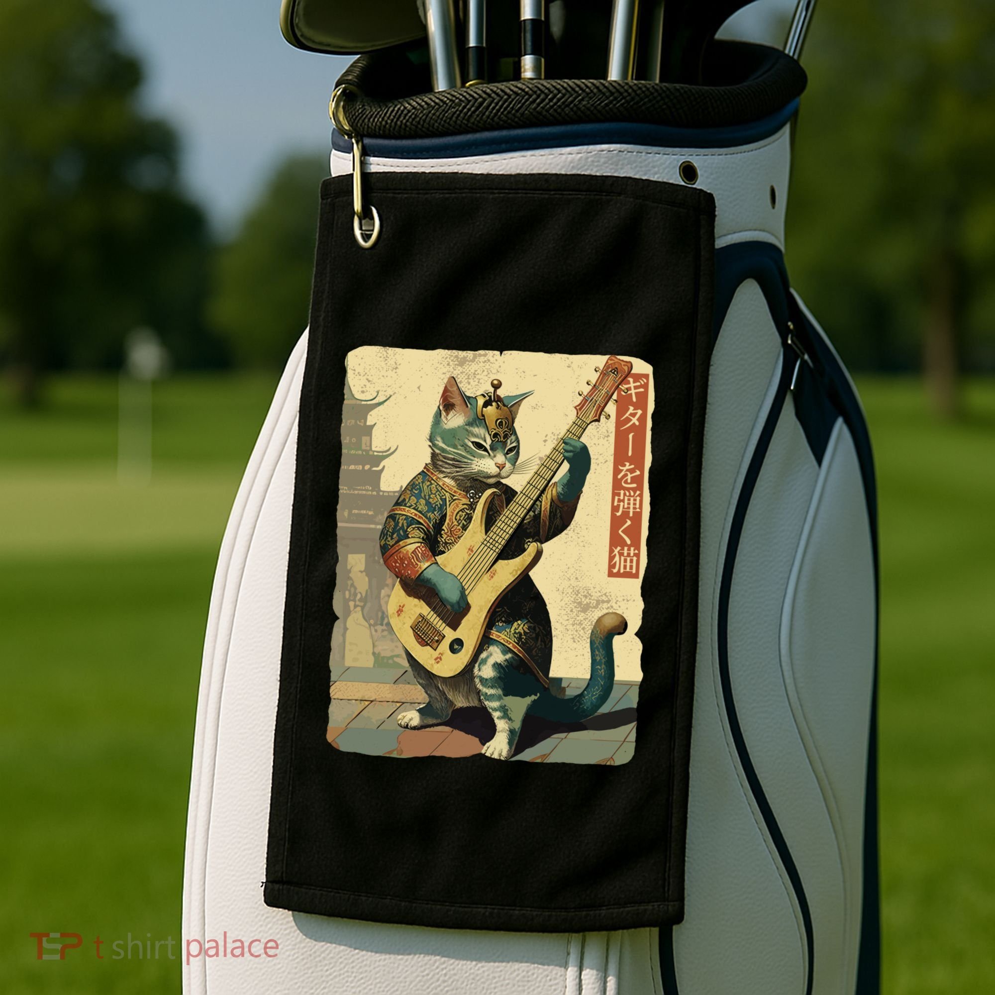 Japanese Cat Princess Playing The Electric Guitar Japanese Samurai Guitar Player Golf Towel