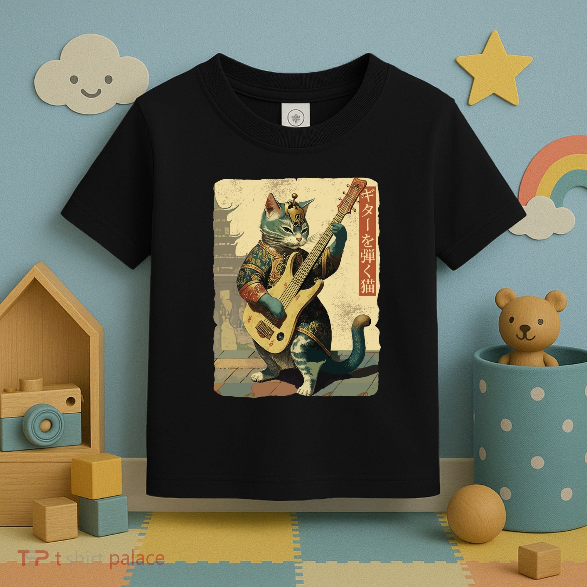 Japanese Cat Princess Playing The Electric Guitar Japanese Samurai Guitar Player Toddler T-Shirt
