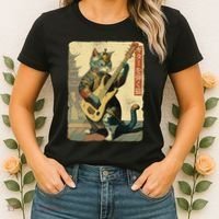 Japanese Cat Princess Playing The Electric Guitar Japanese Samurai Guitar Player Women's T-Shirt thumb 2