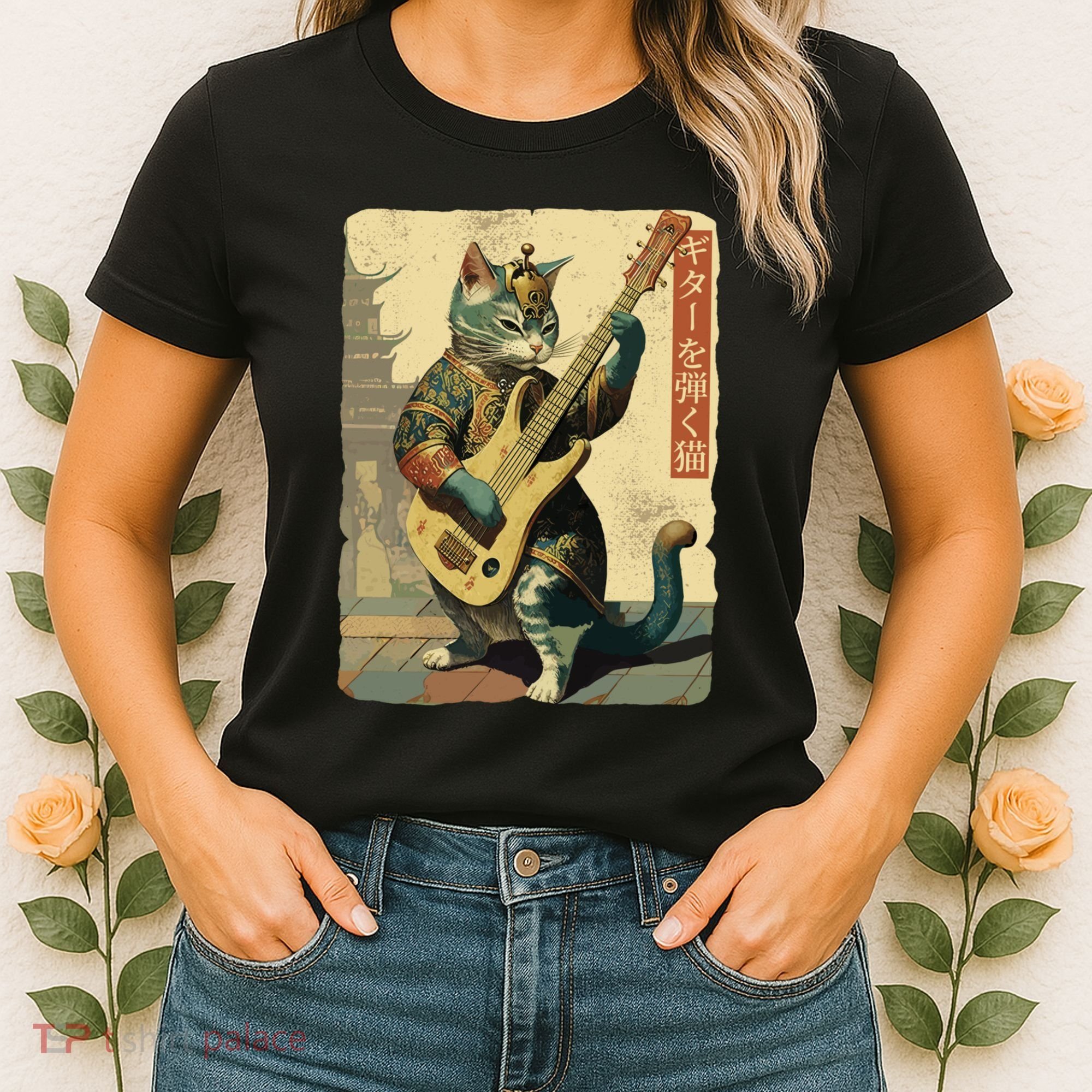 Japanese Cat Princess Playing The Electric Guitar Japanese Samurai Guitar Player Women's T-Shirt