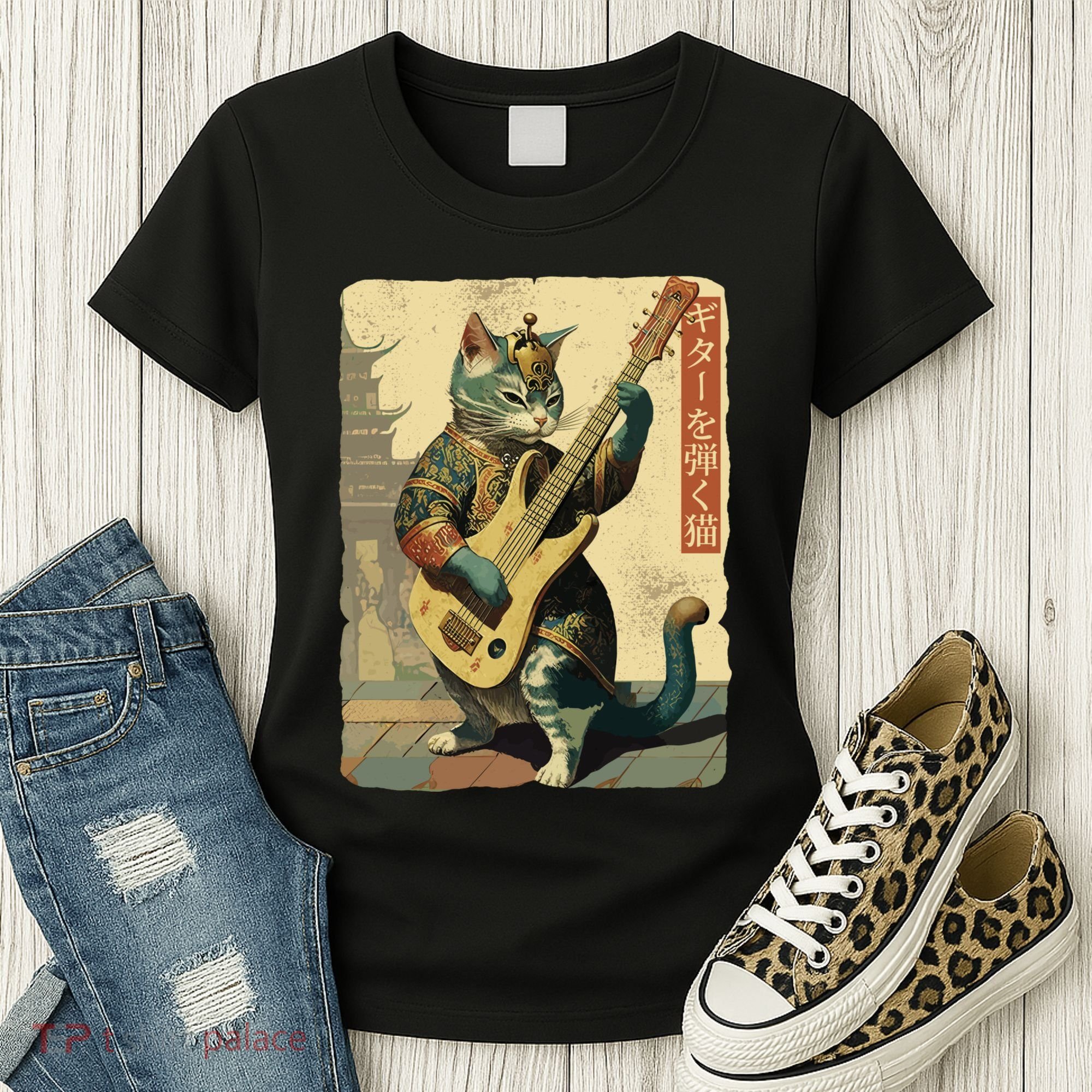 Japanese Cat Princess Playing The Electric Guitar Japanese Samurai Guitar Player Women's T-Shirt