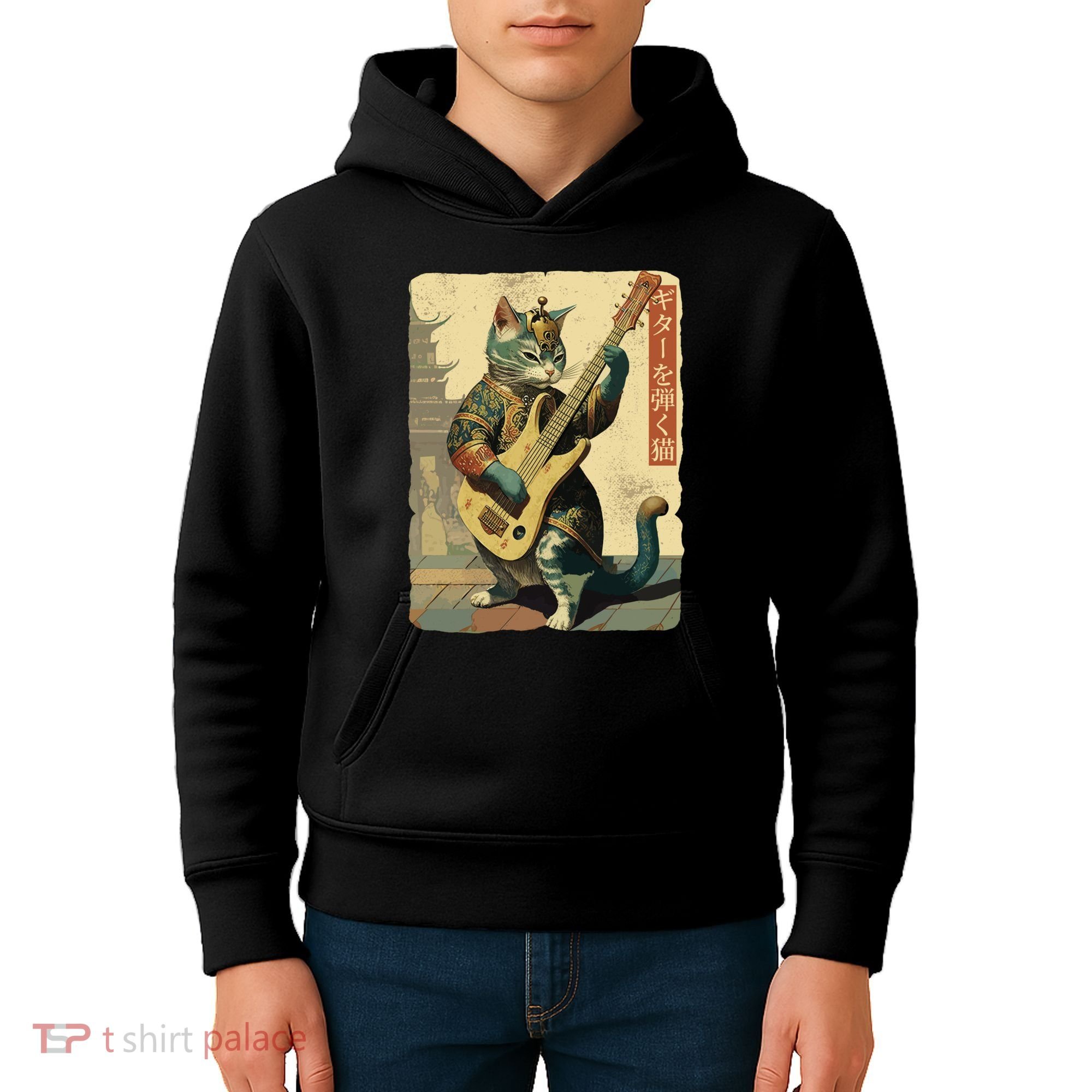 Japanese Cat Princess Playing The Electric Guitar Japanese Samurai Guitar Player Kids Hoodie