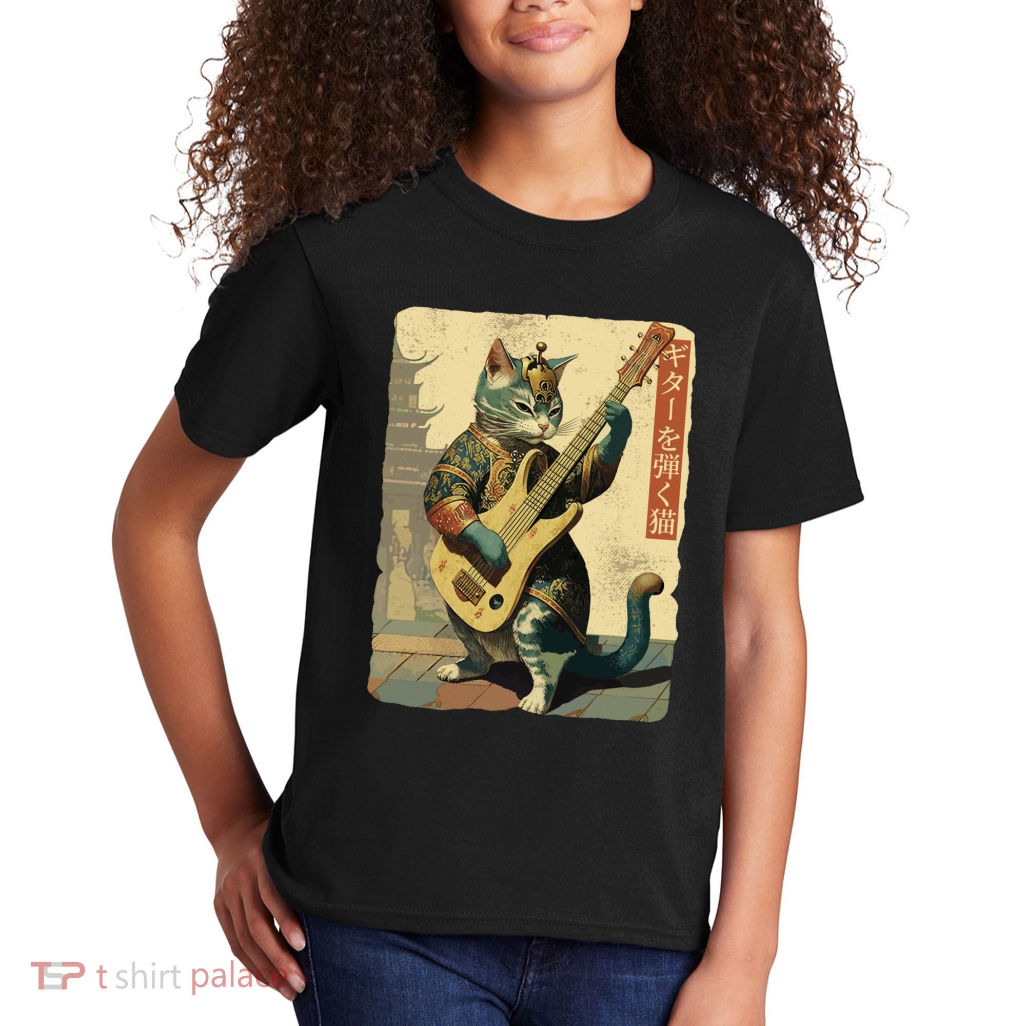 Japanese Cat Princess Playing The Electric Guitar Japanese Samurai Guitar Player Kids T-Shirt