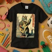 Japanese Cat Princess Playing The Electric Guitar Japanese Samurai Guitar Player Kids T-Shirt thumb 3