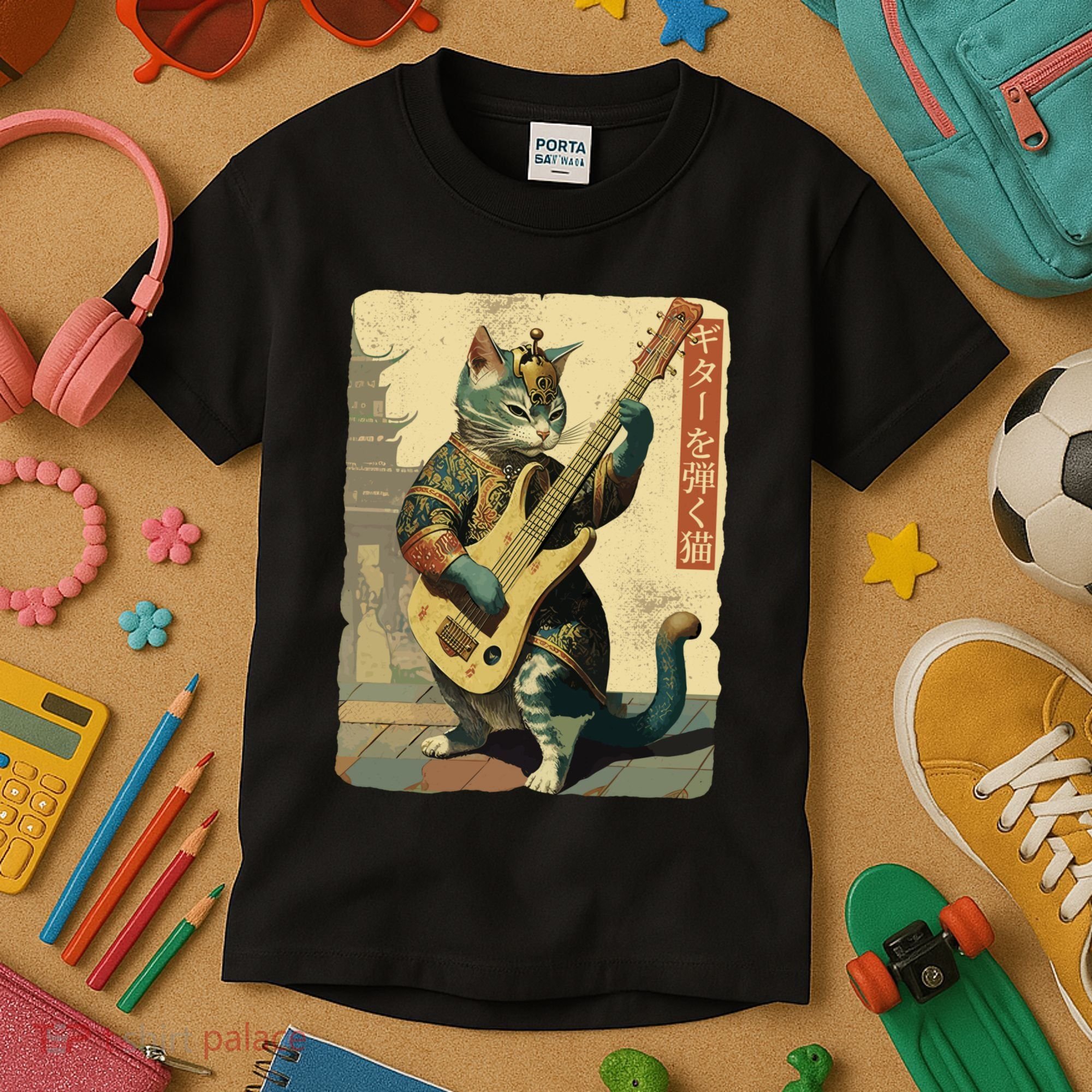 Japanese Cat Princess Playing The Electric Guitar Japanese Samurai Guitar Player Kids T-Shirt