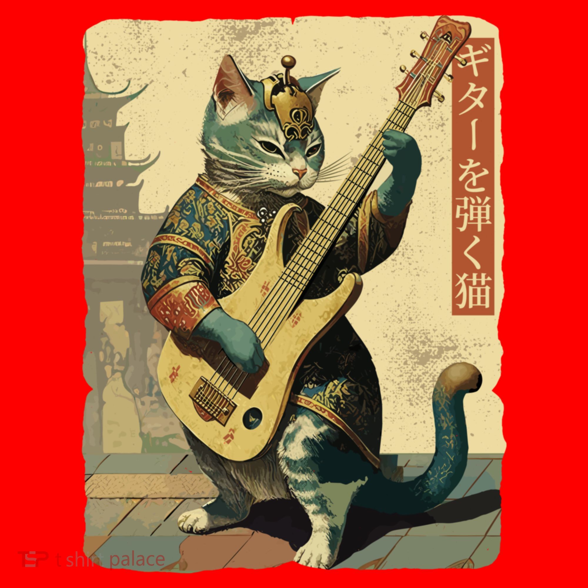Japanese Cat Princess Playing The Electric Guitar Japanese Samurai Guitar Player Santa Hat