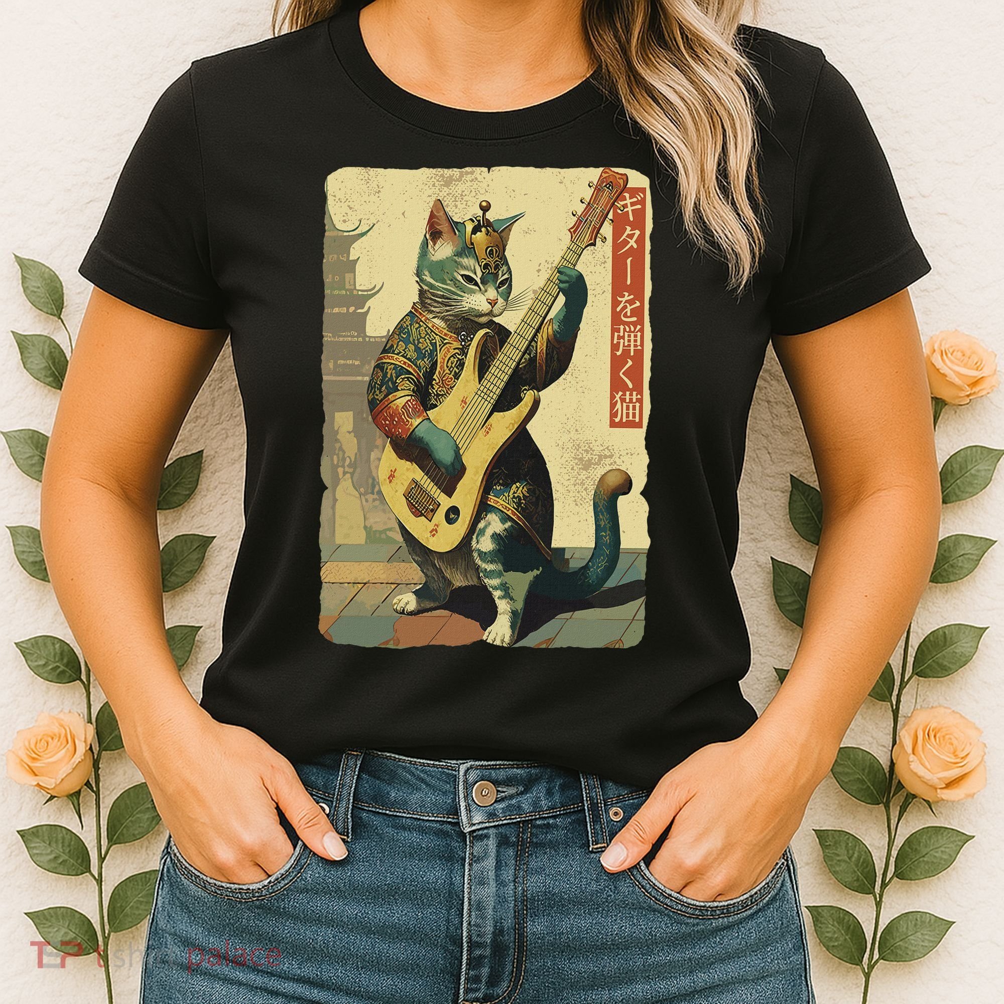 Japanese Cat Princess Playing The Electric Guitar Women's T-Shirt