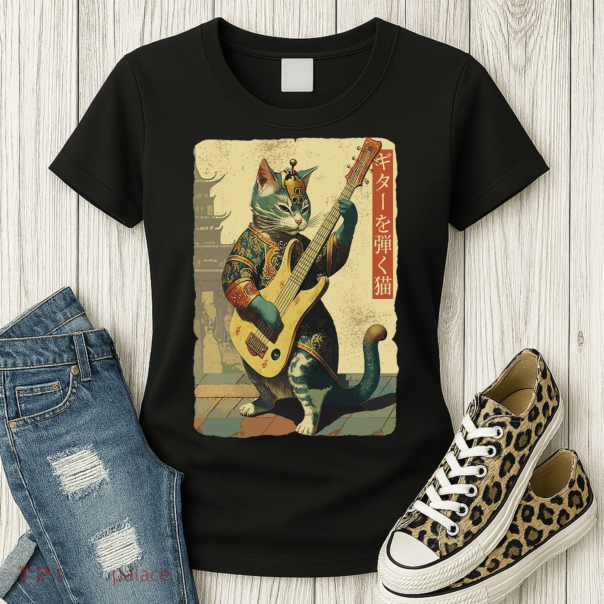 Japanese Cat Princess Playing The Electric Guitar Women's T-Shirt