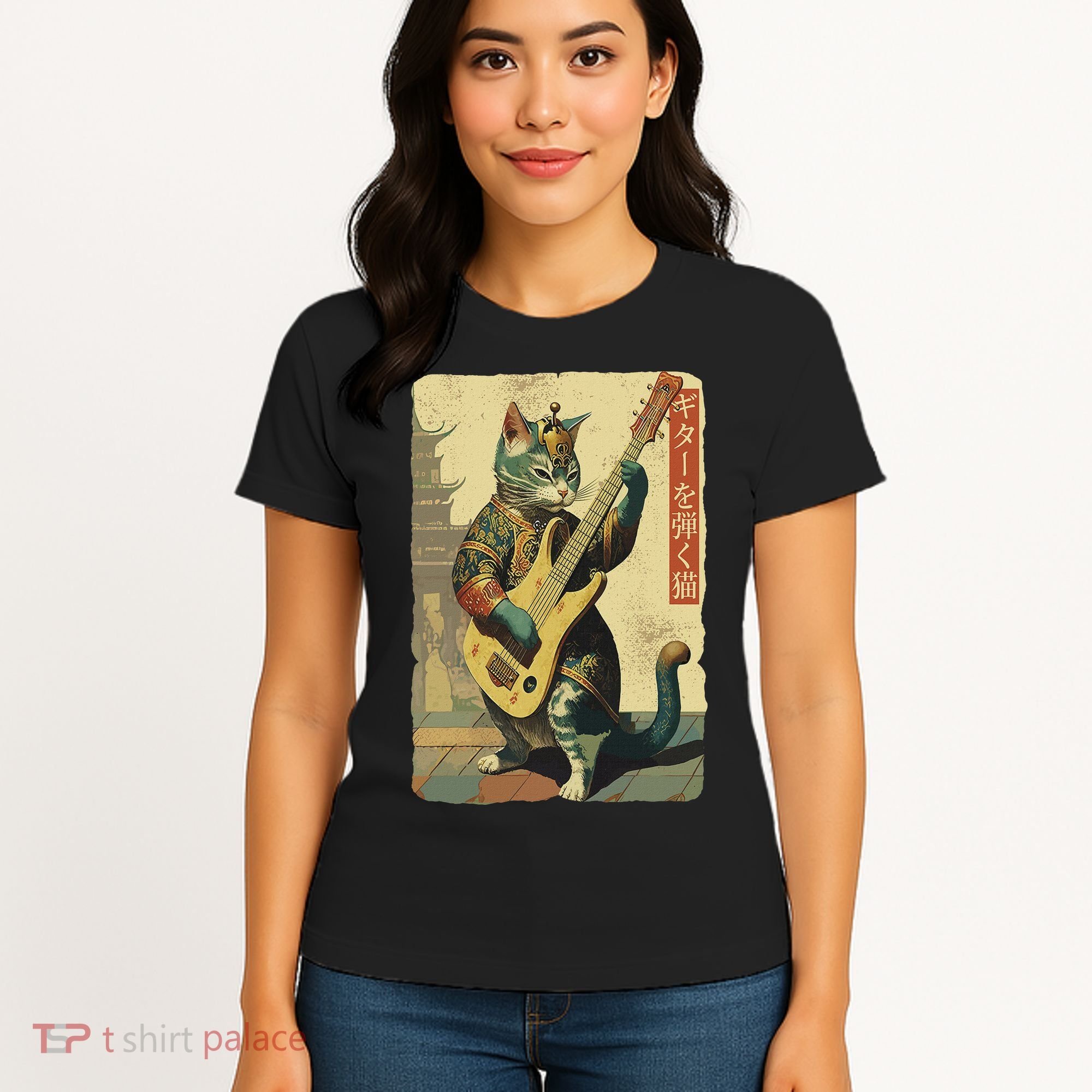 Japanese Cat Princess Playing The Electric Guitar Women's T-Shirt