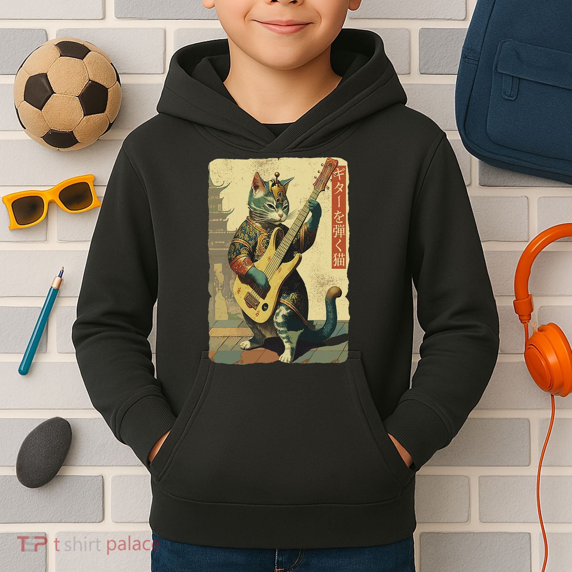 Japanese Cat Princess Playing The Electric Guitar Kids Hoodie