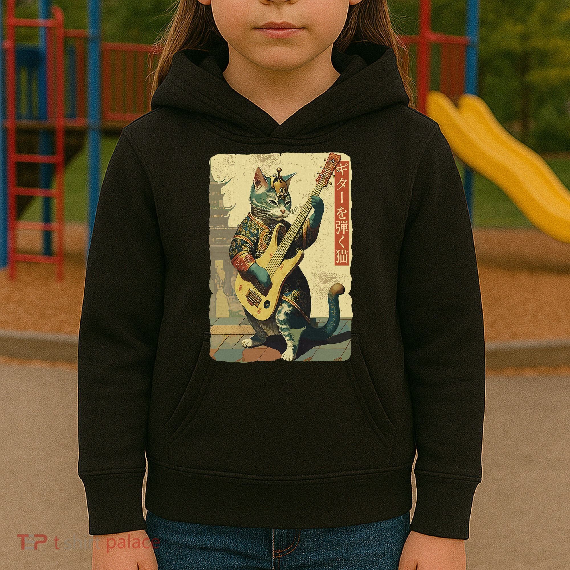 Japanese Cat Princess Playing The Electric Guitar Kids Hoodie