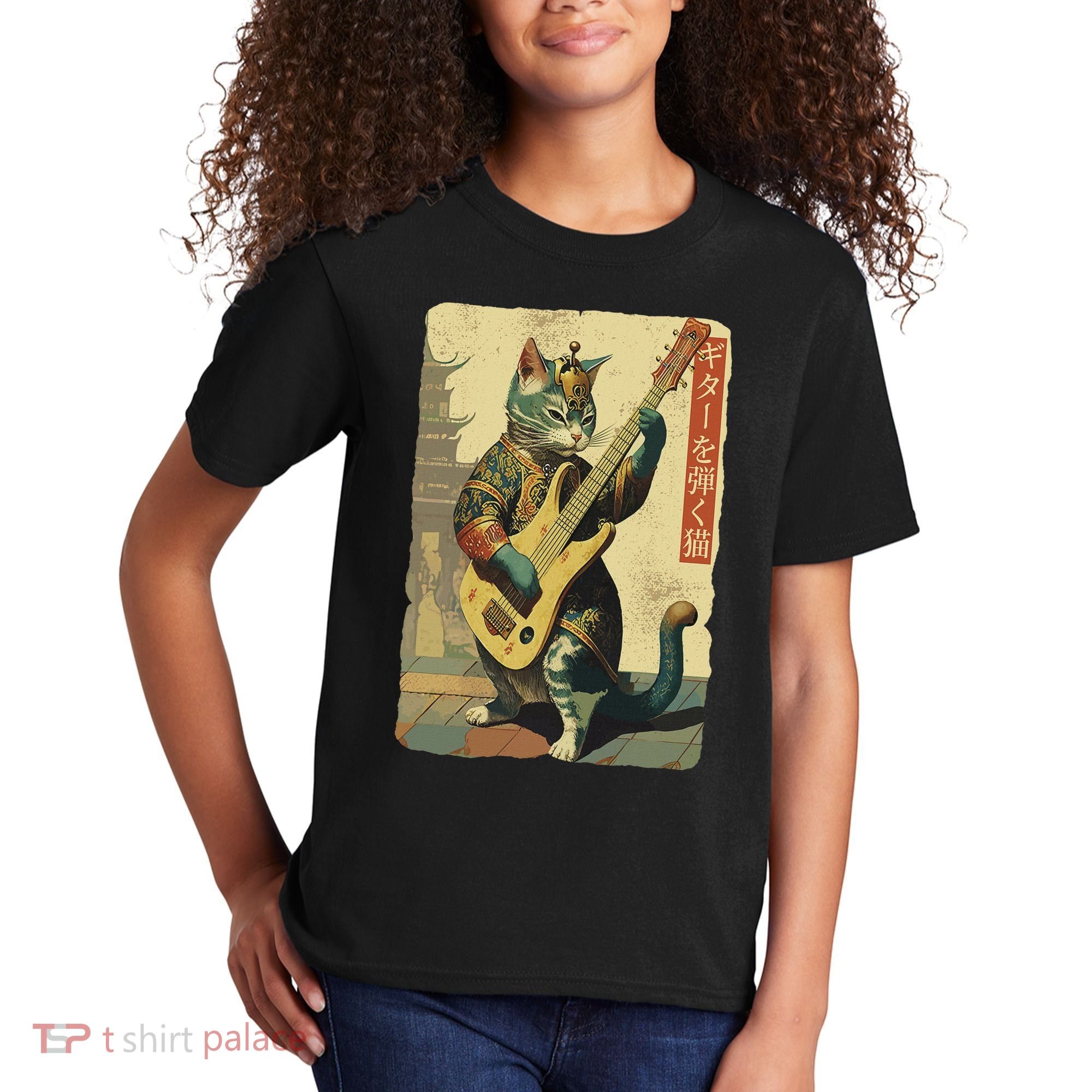 Japanese Cat Princess Playing The Electric Guitar Kids T-Shirt