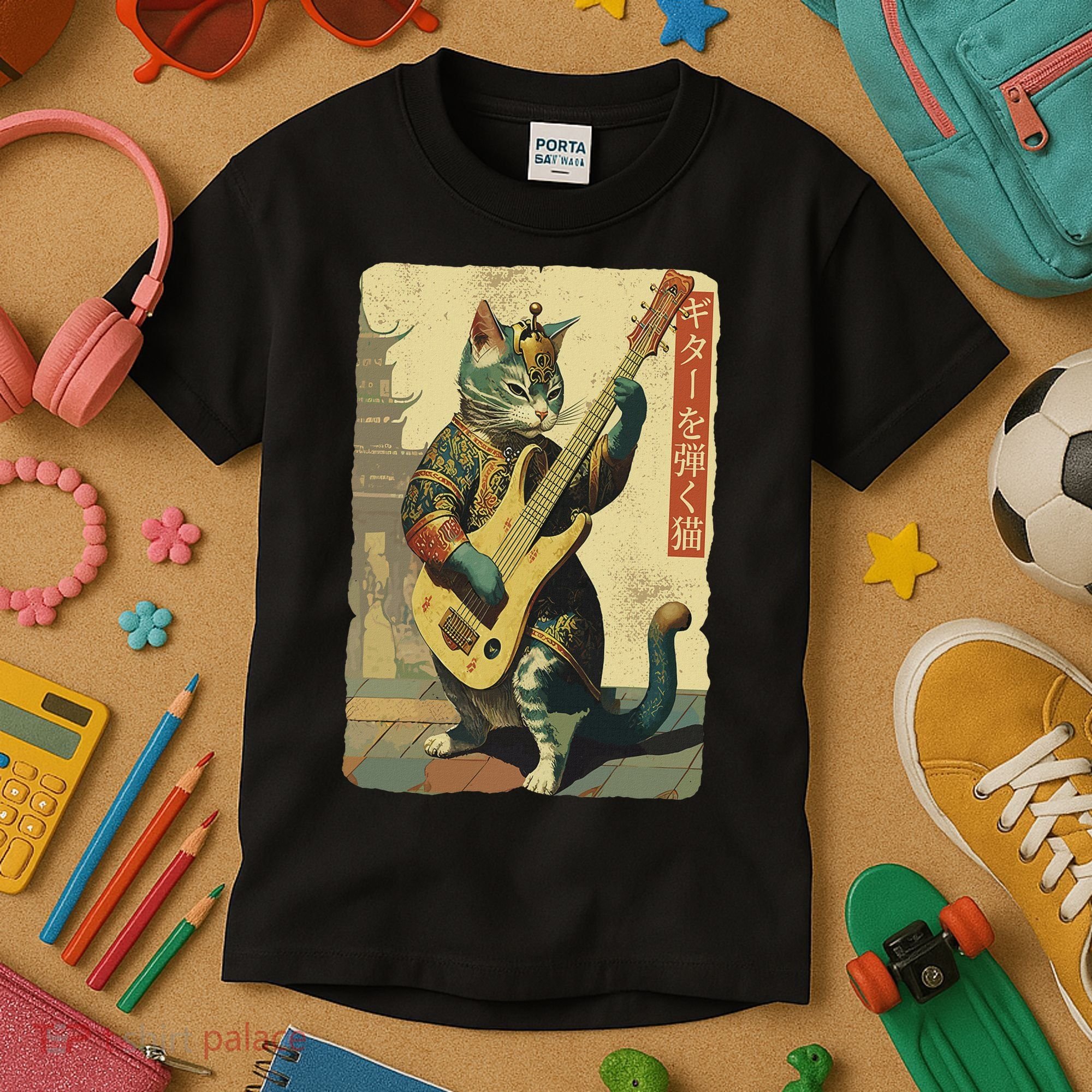 Japanese Cat Princess Playing The Electric Guitar Kids T-Shirt