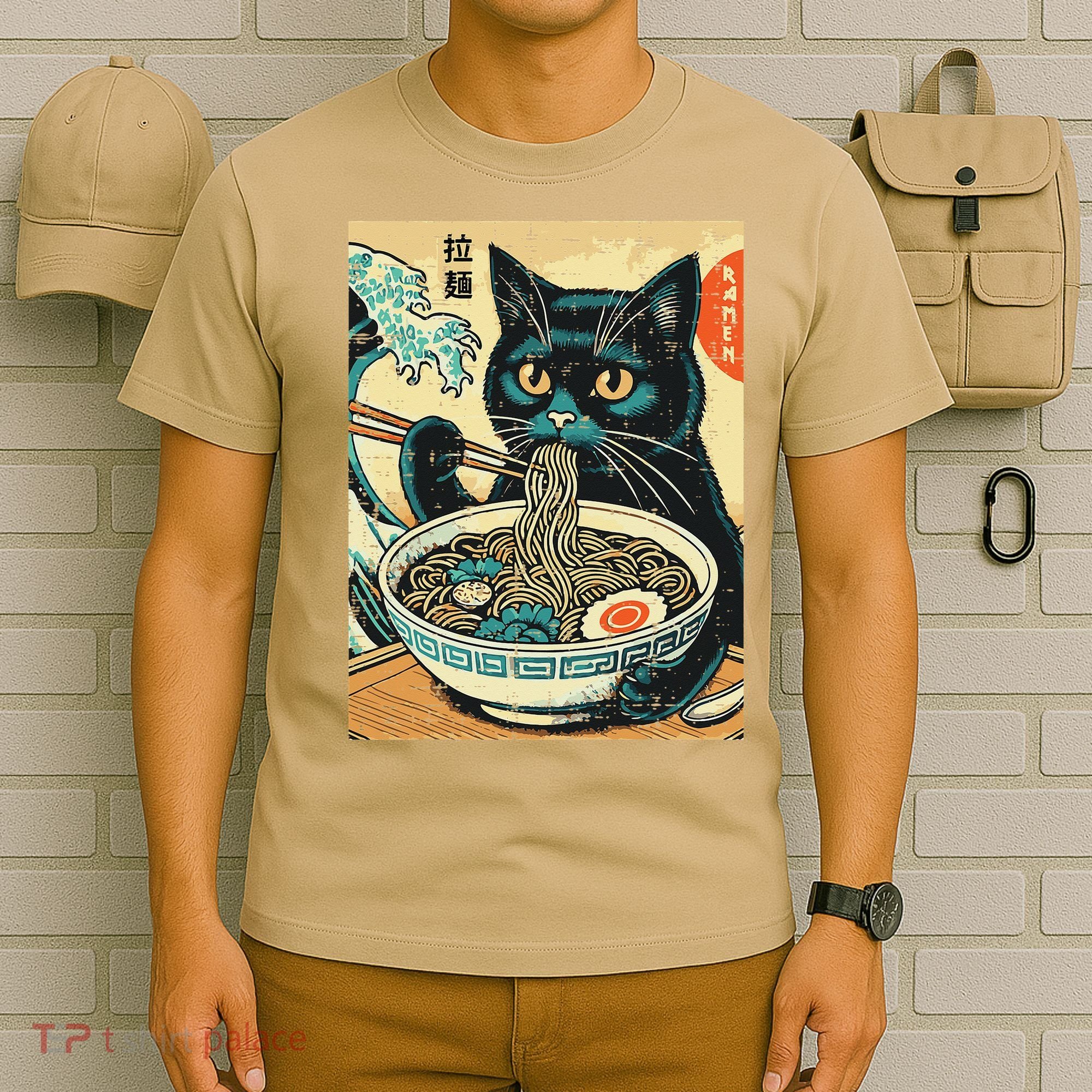 Japanese Cat Ramen Great Wave Vintage Art Food Women T-Shirt