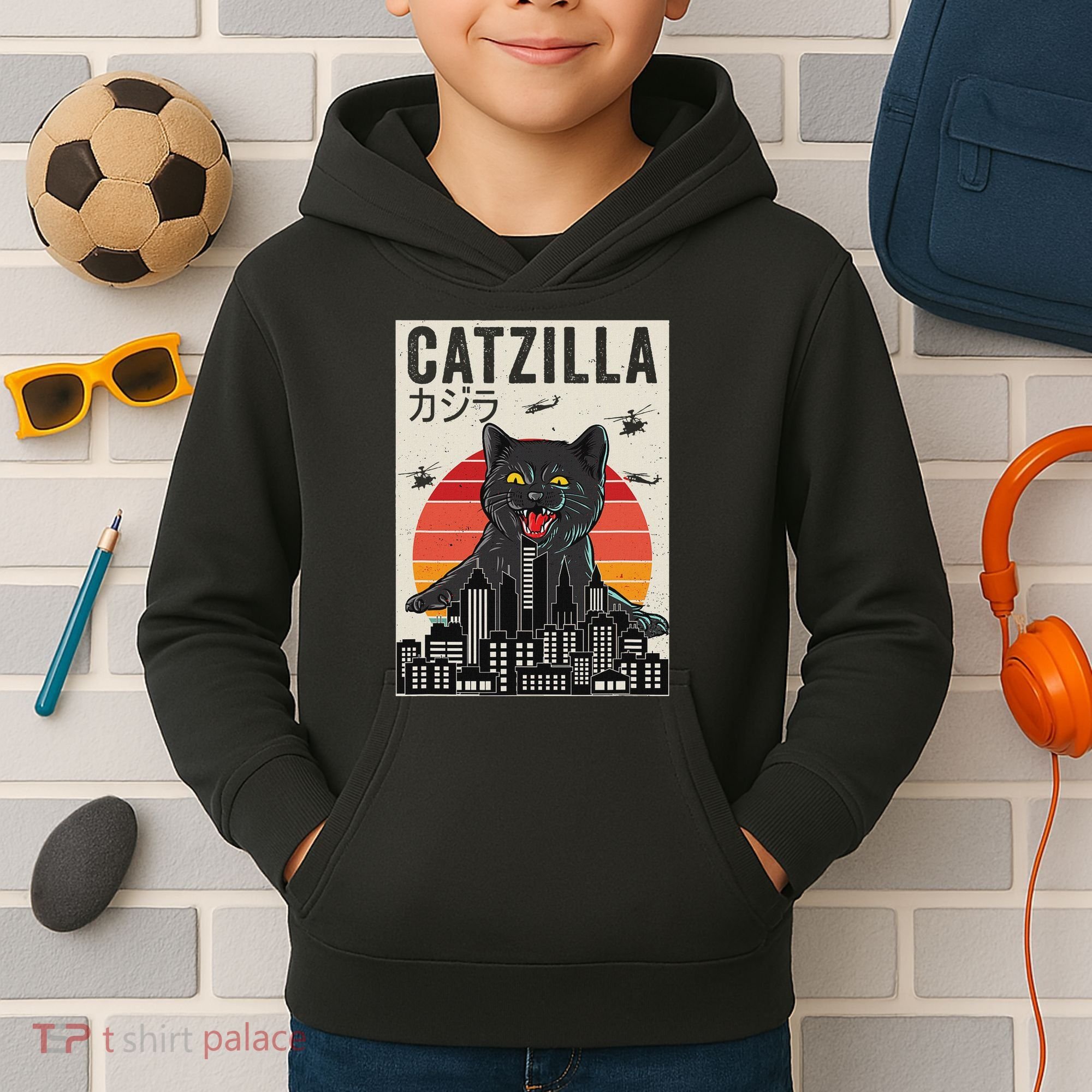 Japanese Catzilla Retro Anime Cat Kids Hoodie