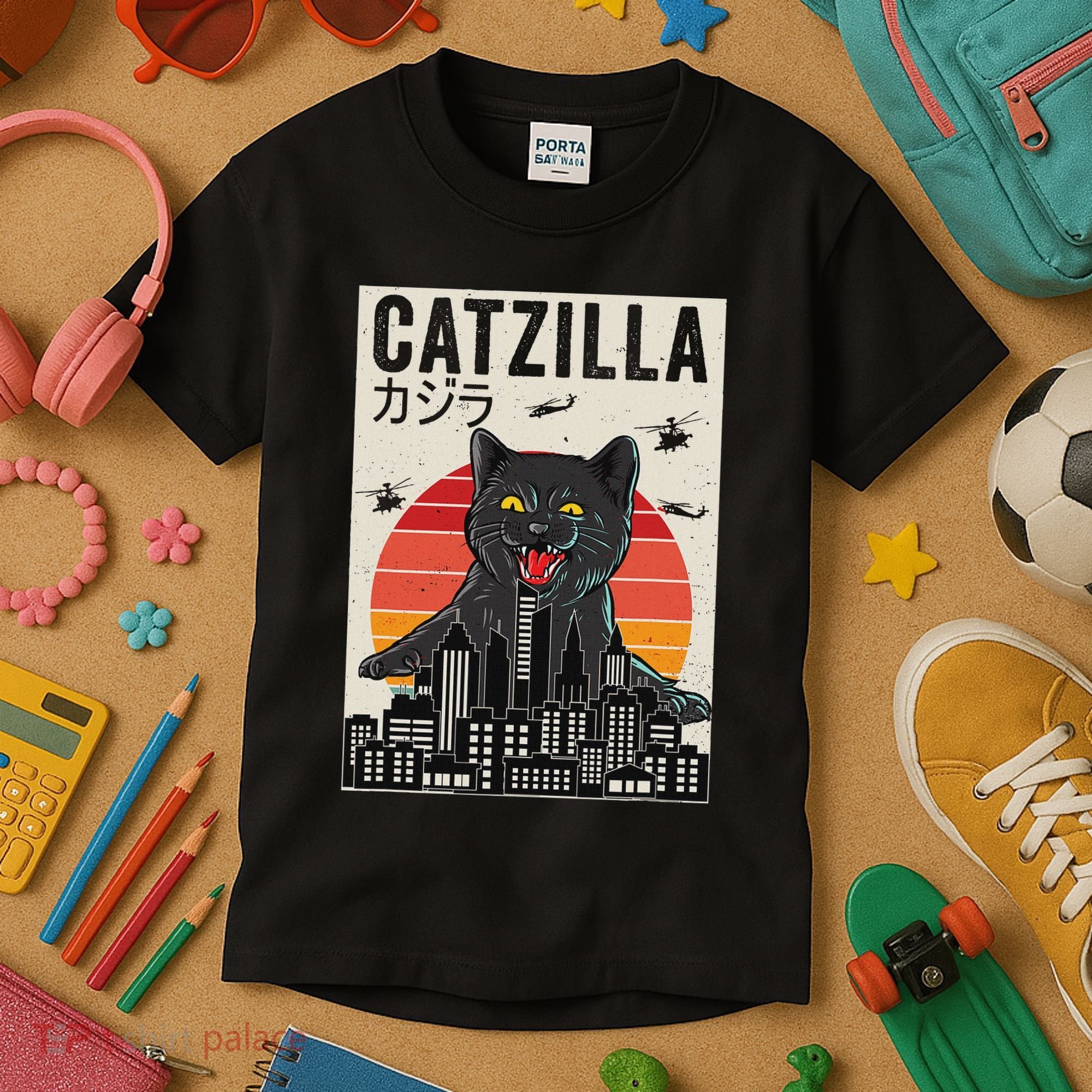 Japanese Catzilla Retro Anime Cat Kids T-Shirt