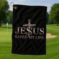 Jesus Christ Saved My Life Gift Wooden Cross Golf Towel thumb 1