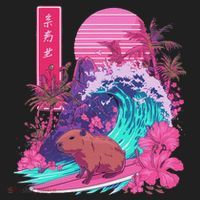 Japanese Capybara Surfing Wave Great Wave Japan Hat thumb 2
