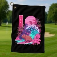 Japanese Capybara Surfing Wave Great Wave Japan Golf Towel thumb 1