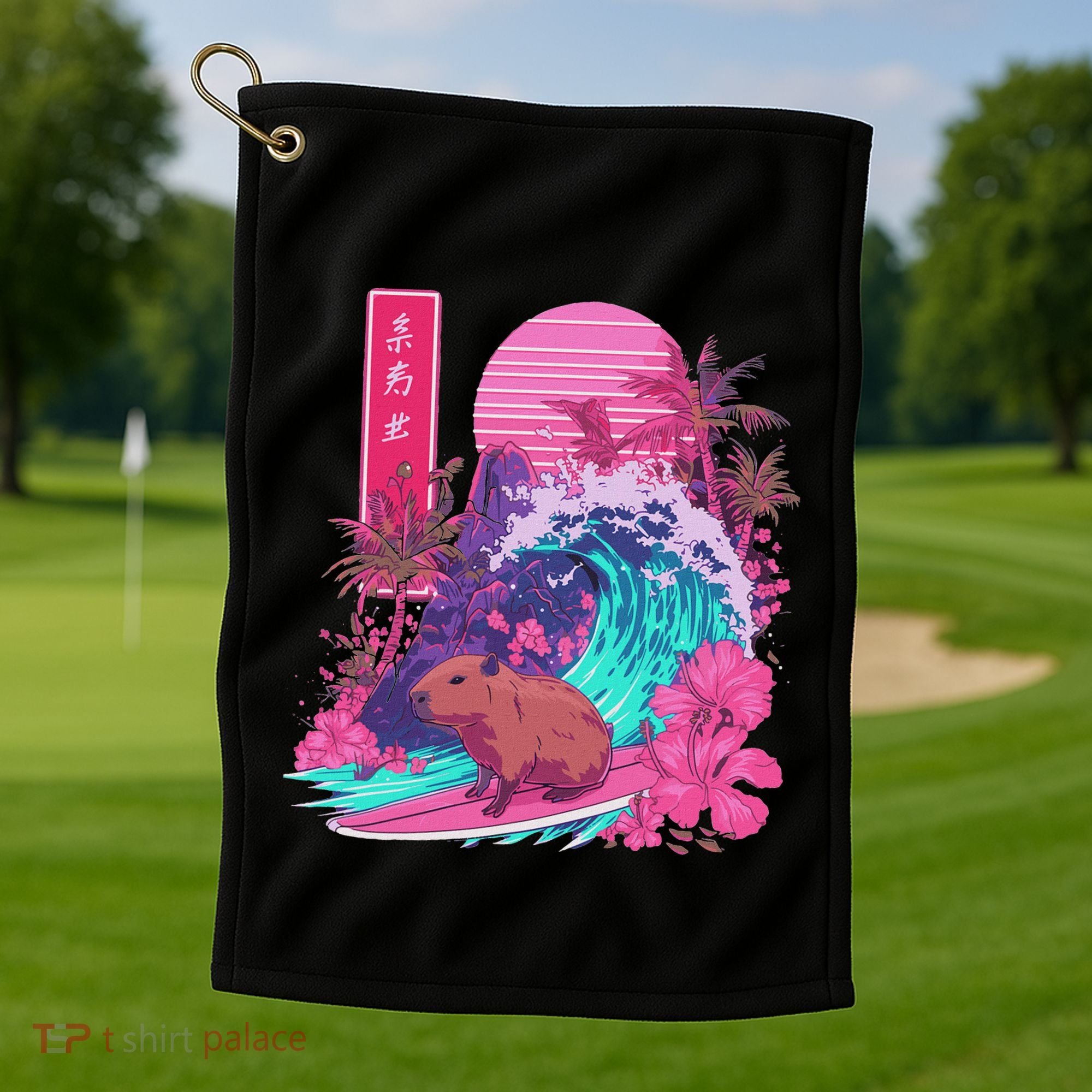 Japanese Capybara Surfing Wave Great Wave Japan Golf Towel