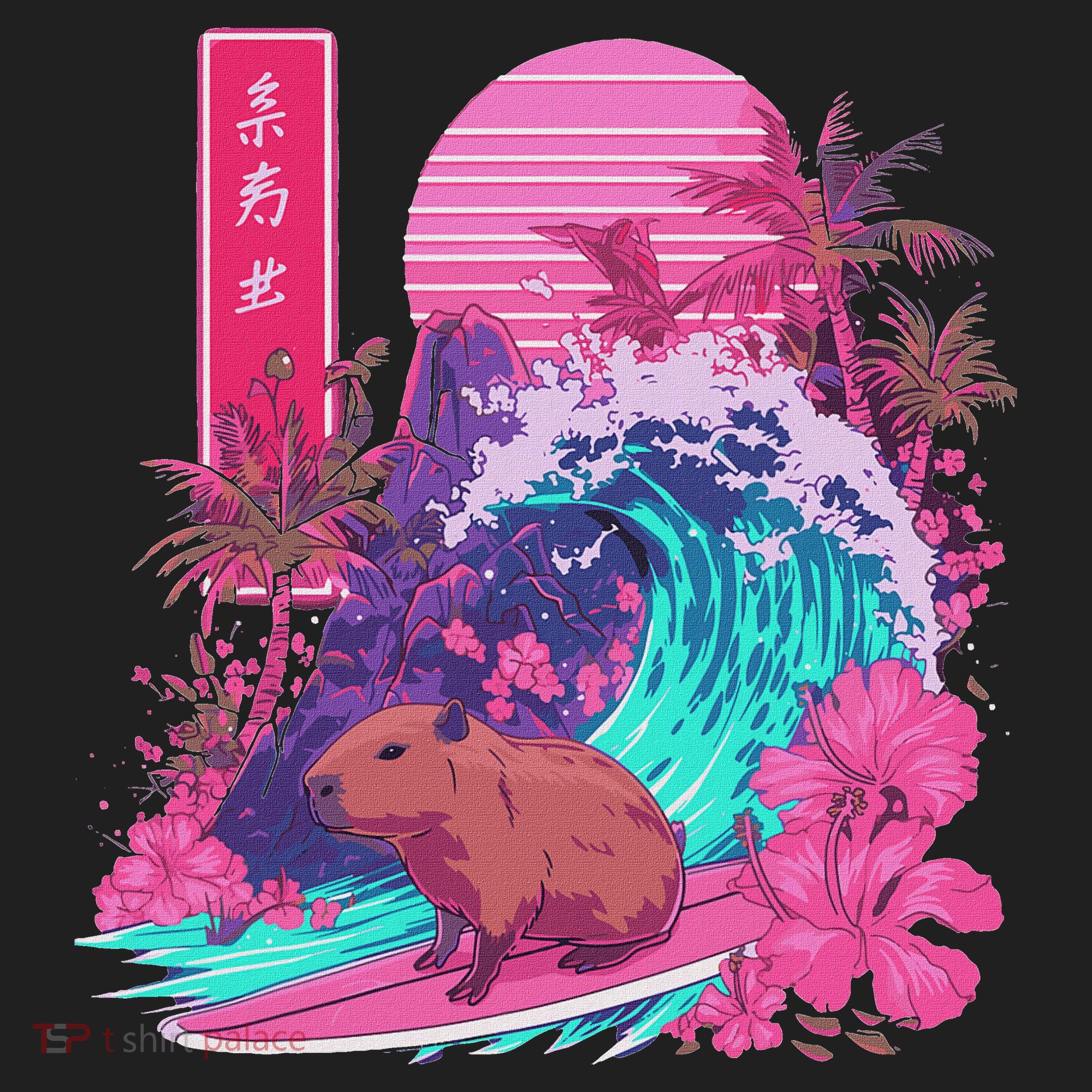 Japanese Capybara Surfing Wave Great Wave Japan Golf Towel