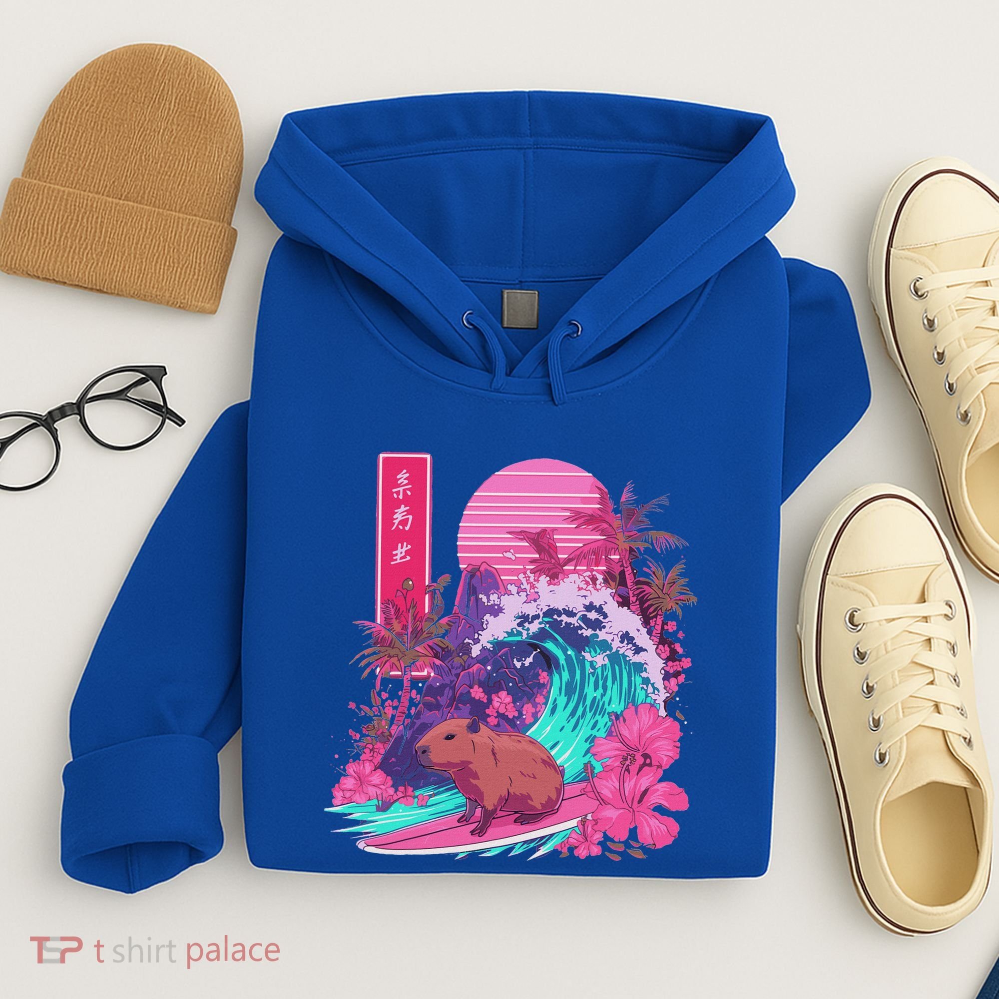 Japanese Capybara Surfing Wave Great Wave Japan Hoodie