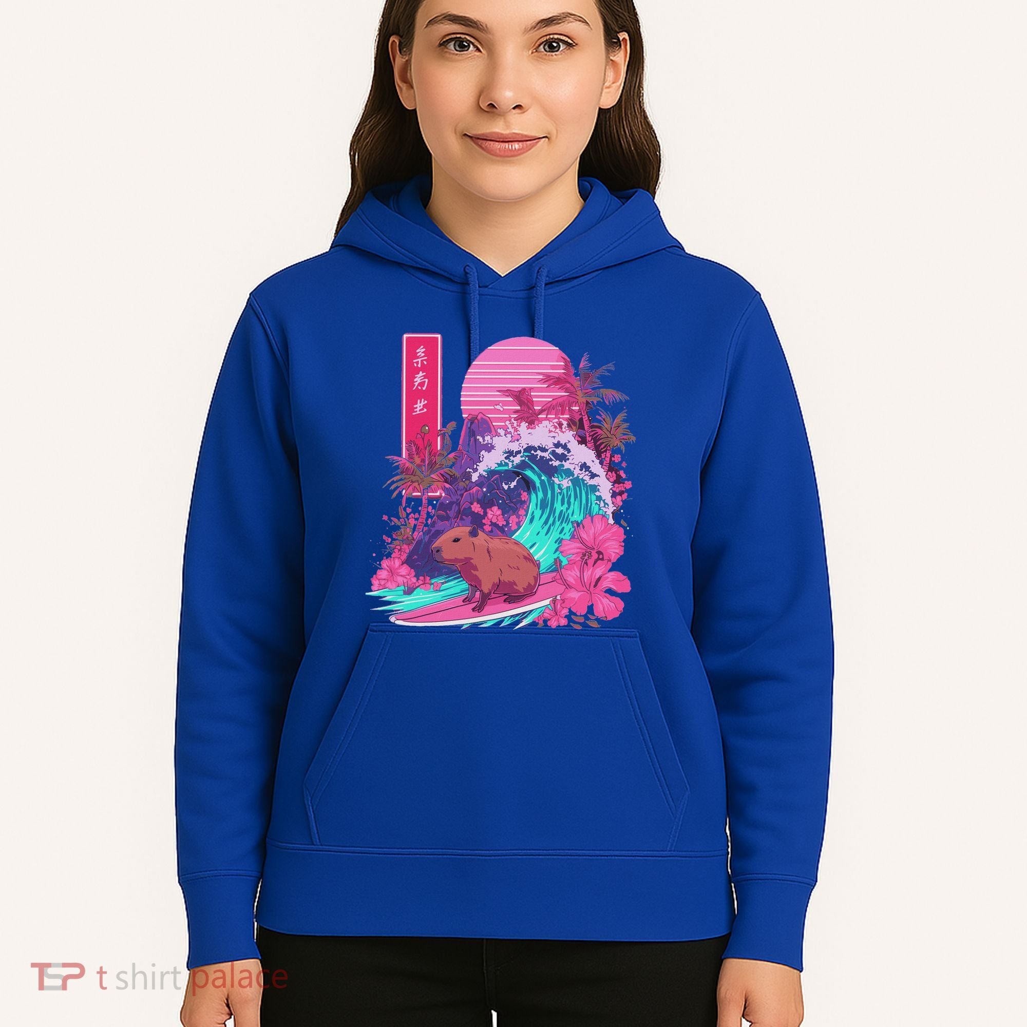 Japanese Capybara Surfing Wave Great Wave Japan Hoodie