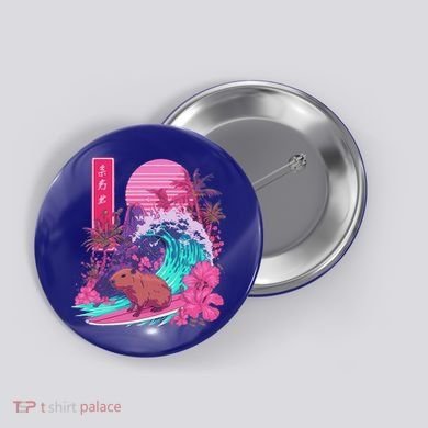Japanese Capybara Surfing Wave Great Wave Japan Button