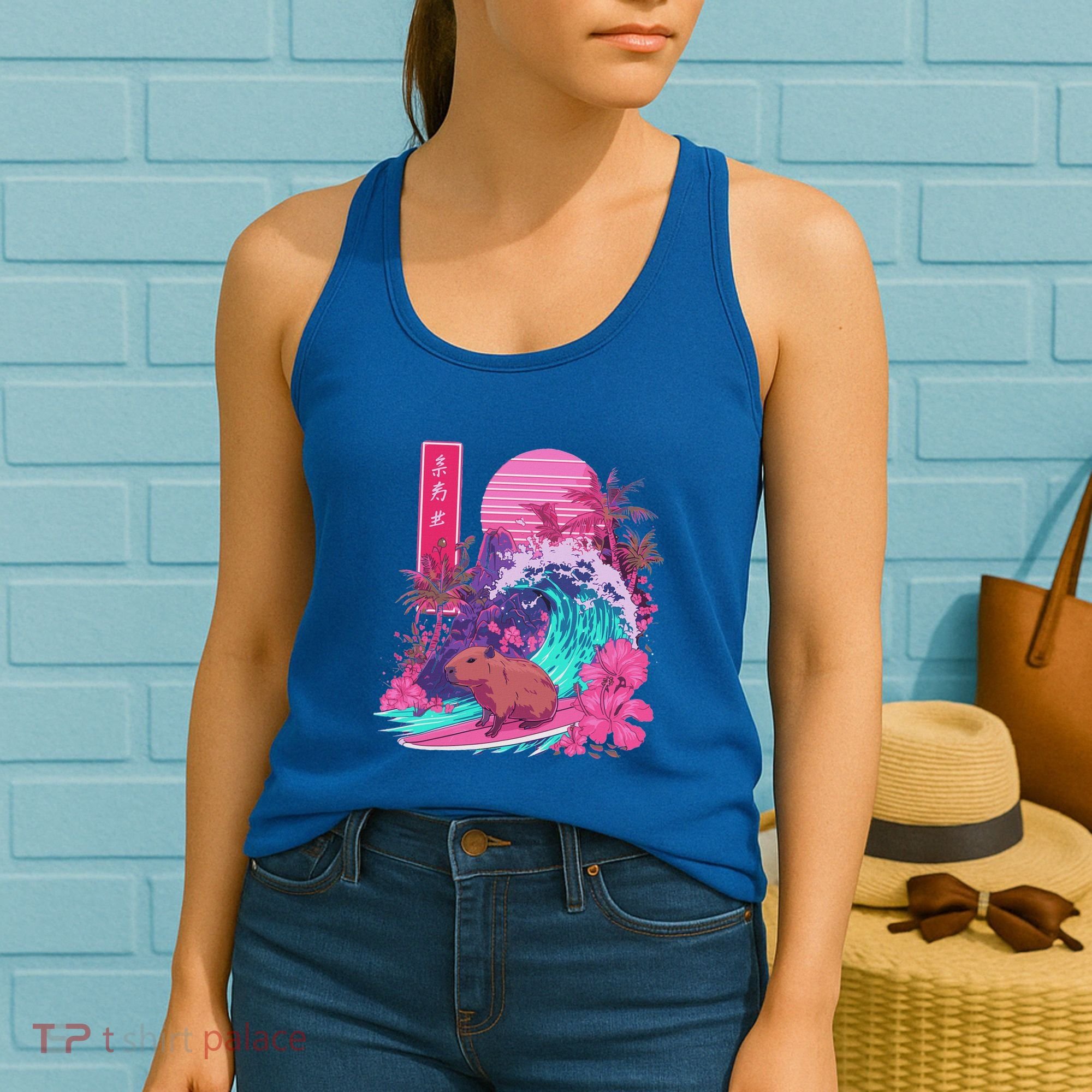 Japanese Capybara Surfing Wave Great Wave Japan Women's Tank Top