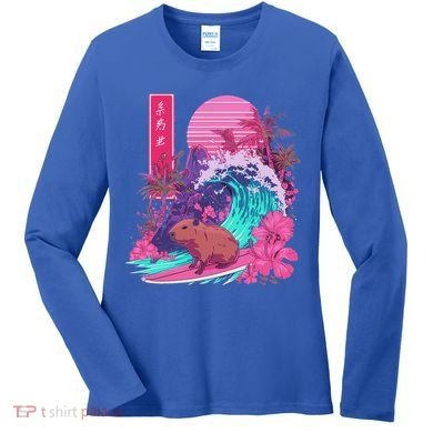 Japanese Capybara Surfing Wave Great Wave Japan Women's Long Sleeve Shirt