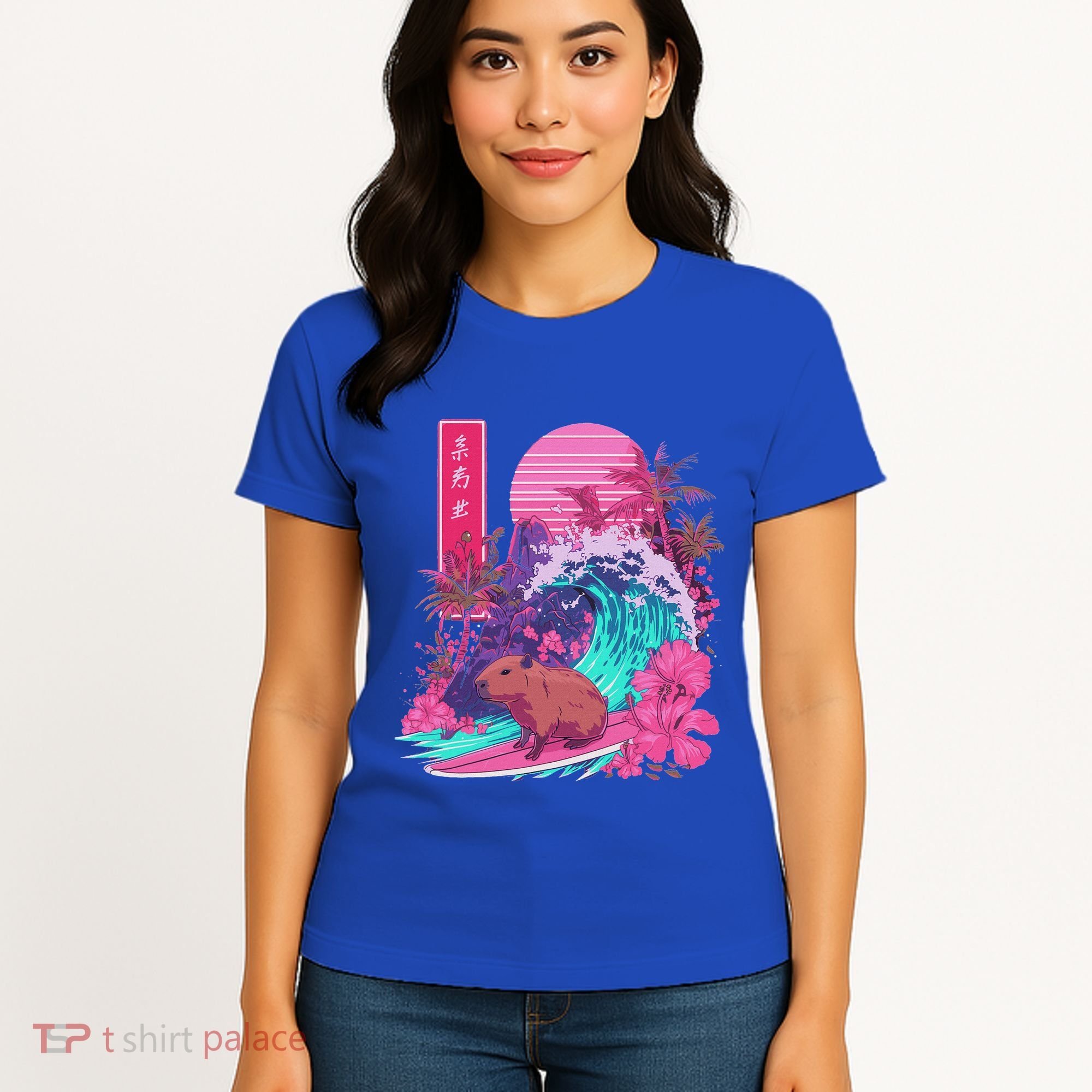 Japanese Capybara Surfing Wave Great Wave Japan Women's T-Shirt