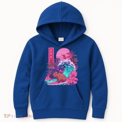 Japanese Capybara Surfing Wave Great Wave Japan Kids Hoodie