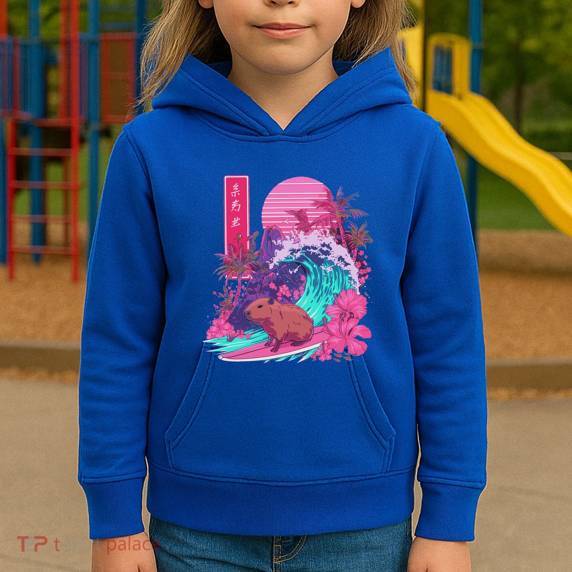 Japanese Capybara Surfing Wave Great Wave Japan Kids Hoodie