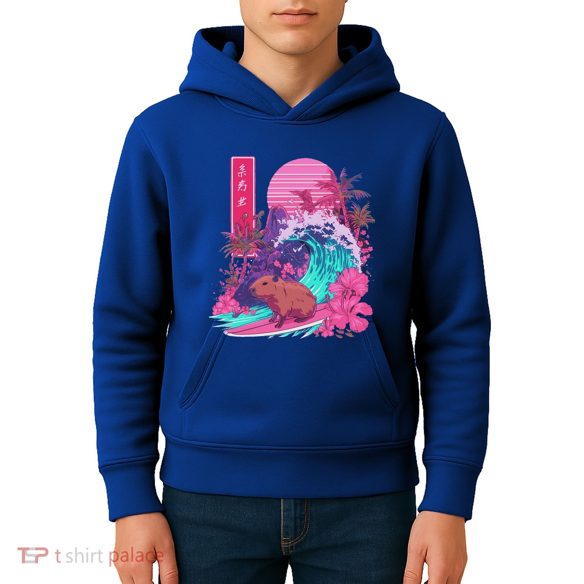 Japanese Capybara Surfing Wave Great Wave Japan Kids Hoodie