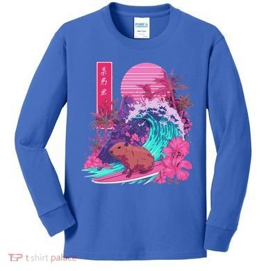 Japanese Capybara Surfing Wave Great Wave Japan Kids Long Sleeve Shirt