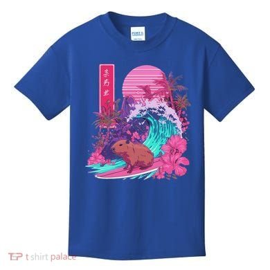Japanese Capybara Surfing Wave Great Wave Japan Kids T-Shirt