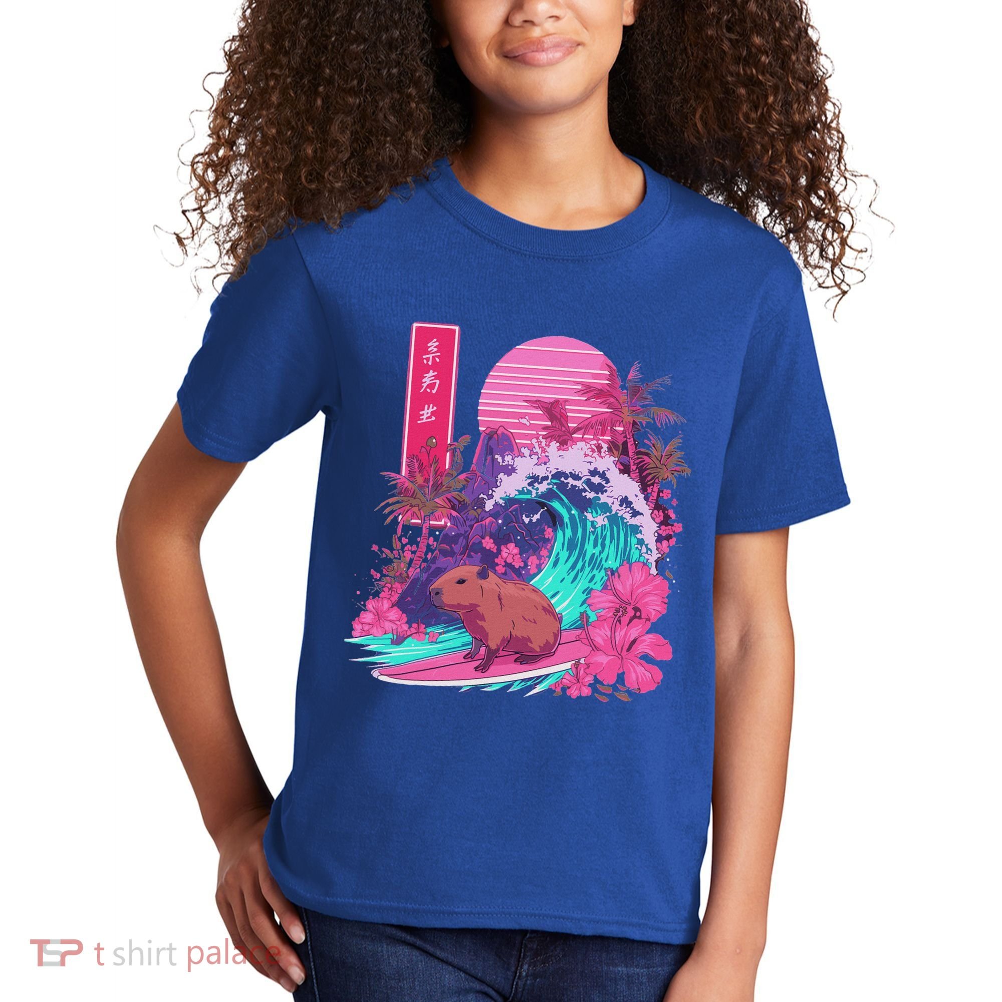 Japanese Capybara Surfing Wave Great Wave Japan Kids T-Shirt