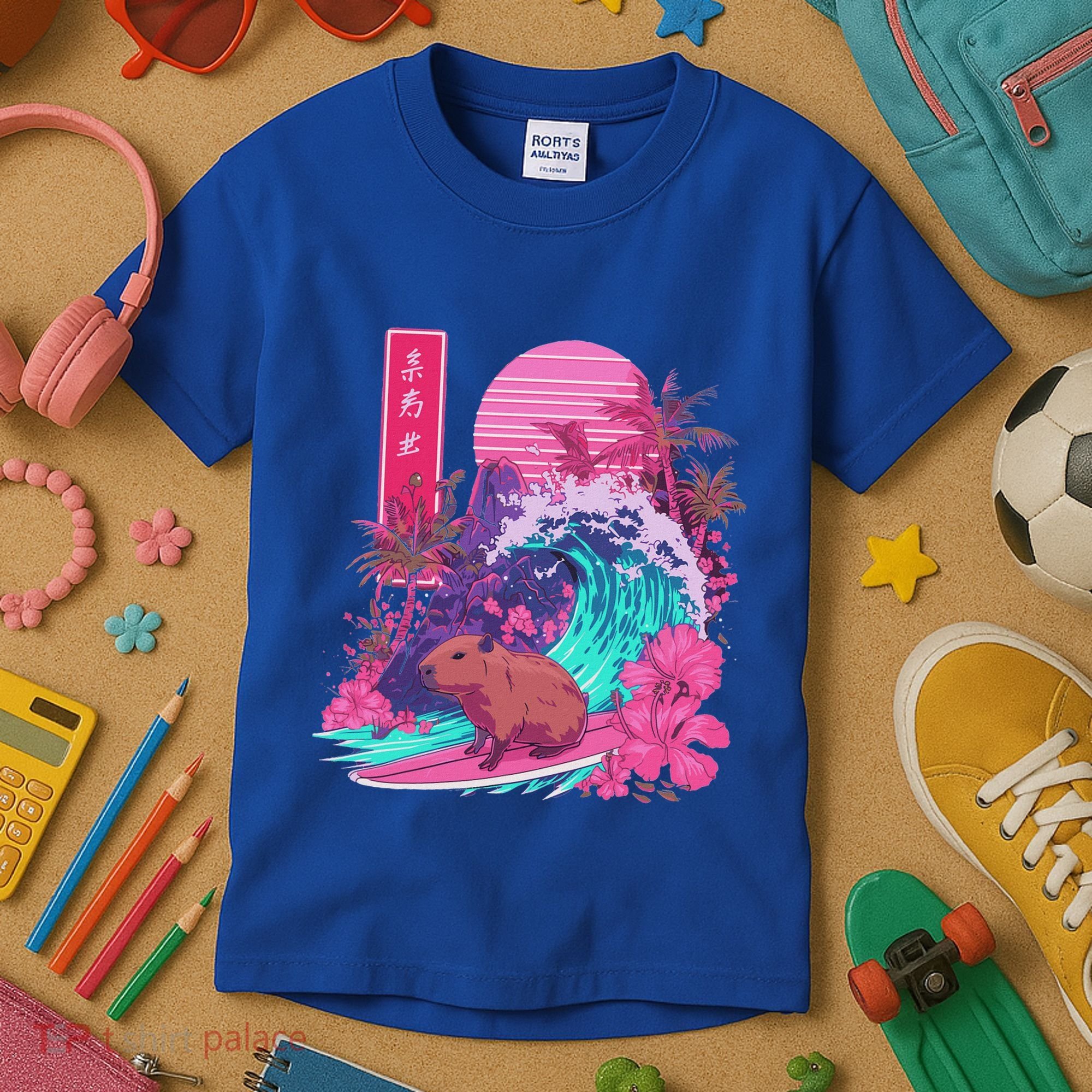 Japanese Capybara Surfing Wave Great Wave Japan Kids T-Shirt