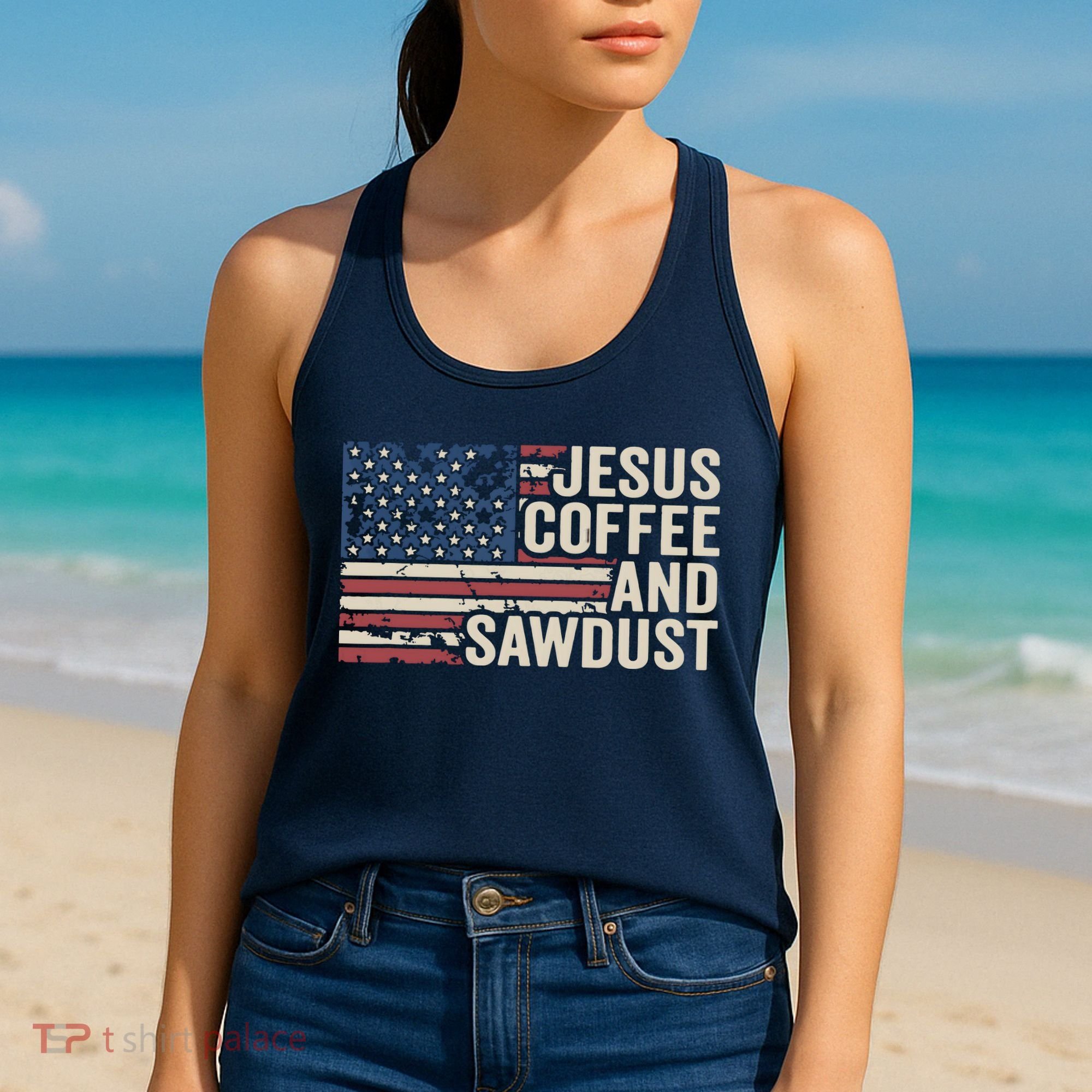 Jesus Coffee Sawdust Christian Carpenter Woodworking USA Women's Tank Top