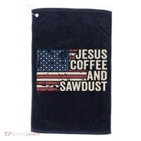 Jesus Coffee Sawdust Christian Carpenter Woodworking USA Golf Towel thumb 0